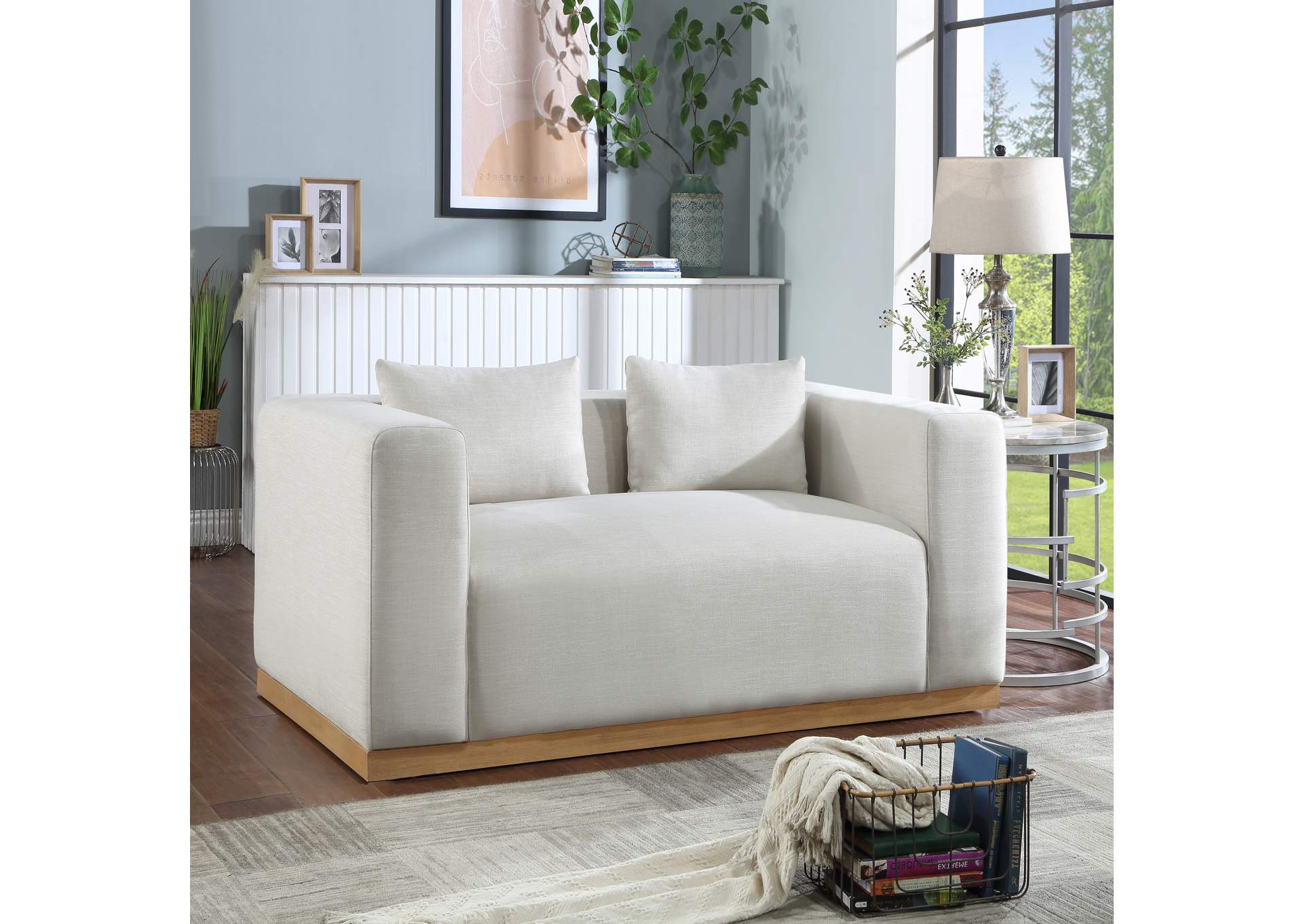 Alfie Cream Linen Textured Fabic Loveseat,Meridian Furniture