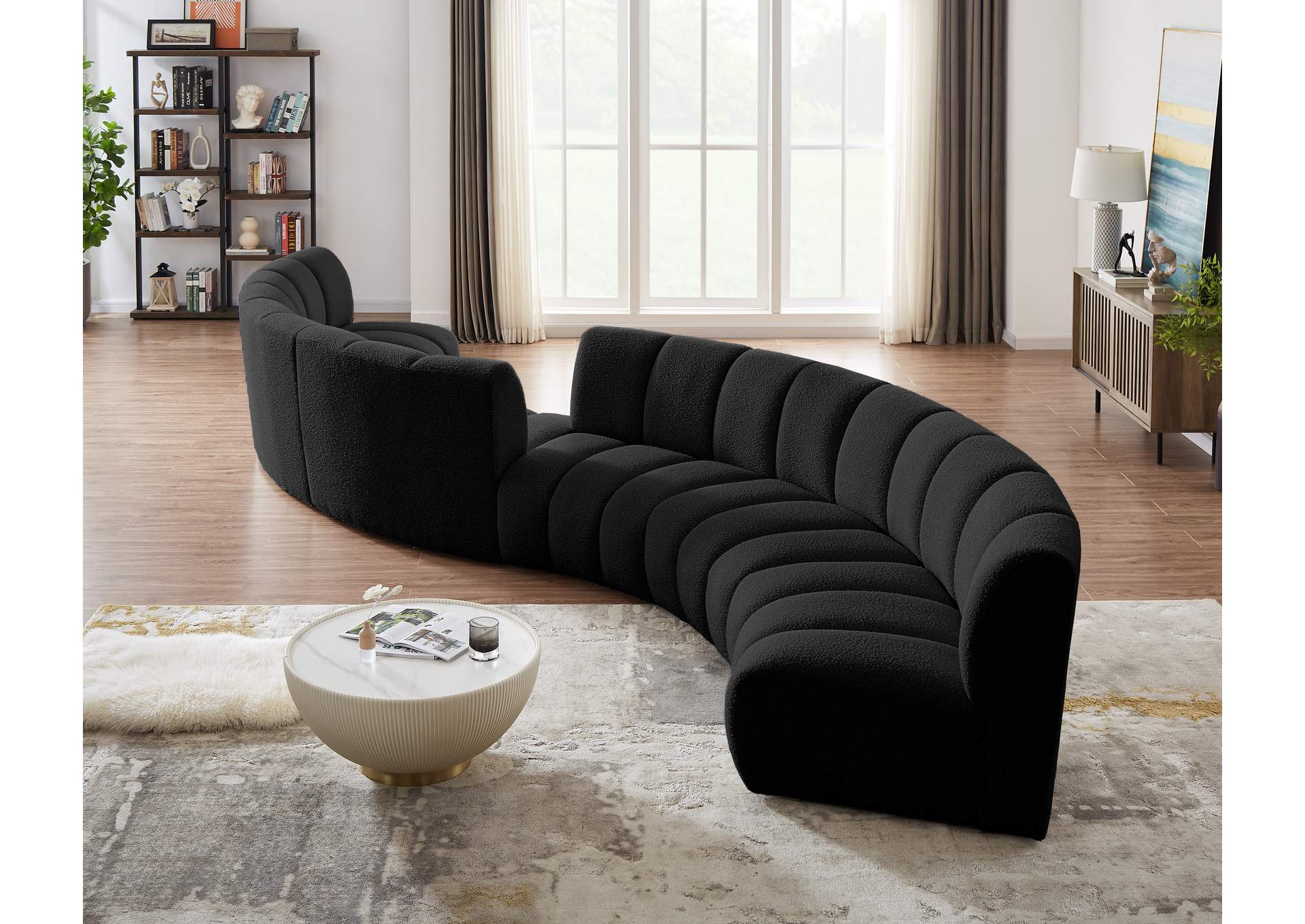 Infinity Black Boucle Fabric 6 Piece . Modular Sectional,Meridian Furniture