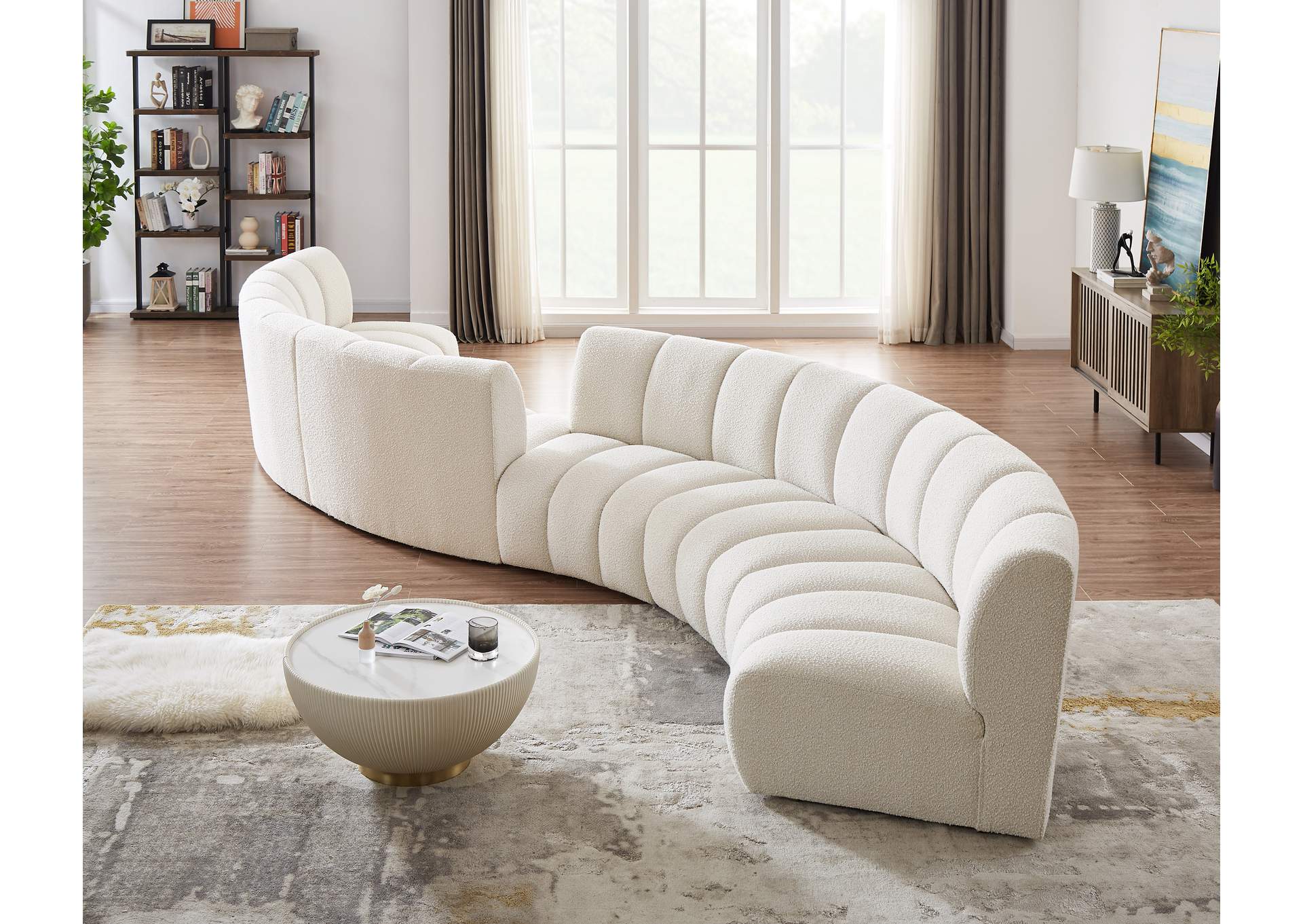 Infinity Cream Boucle Fabric 6 Piece . Modular Sectional,Meridian Furniture