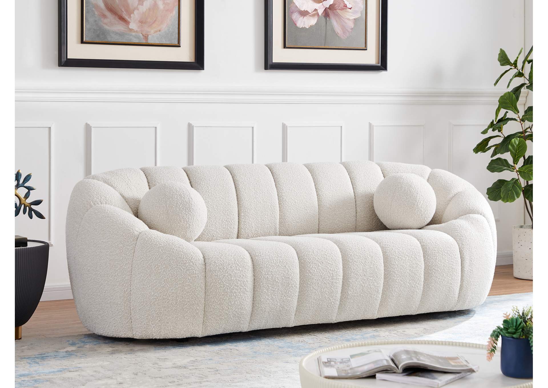 Elijah Cream Boucle Fabric Sofa,Meridian Furniture