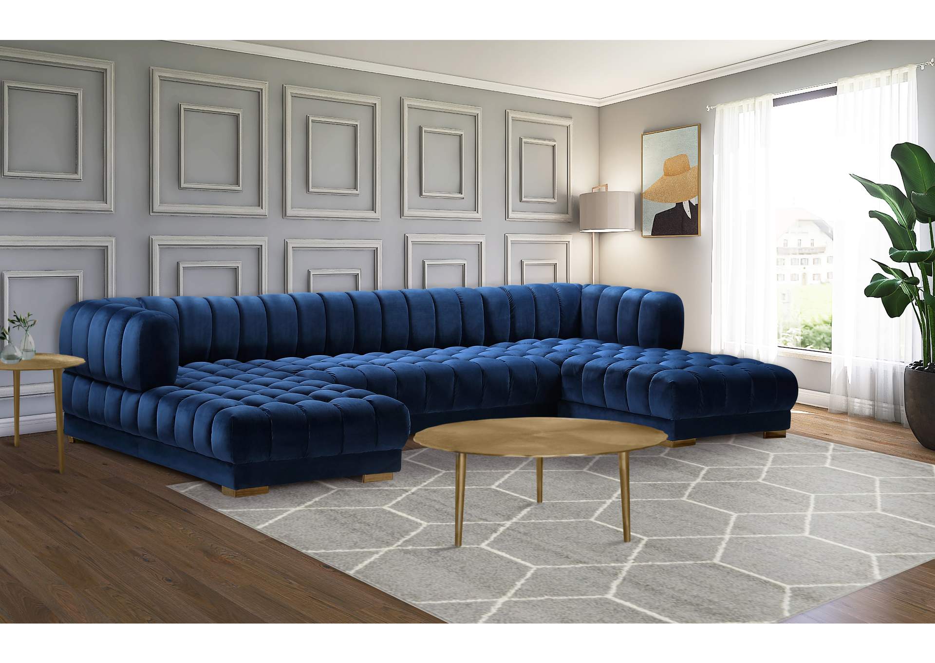 Gwen Navy Velvet 3 Piece Sectional (3 Boxes),Meridian Furniture