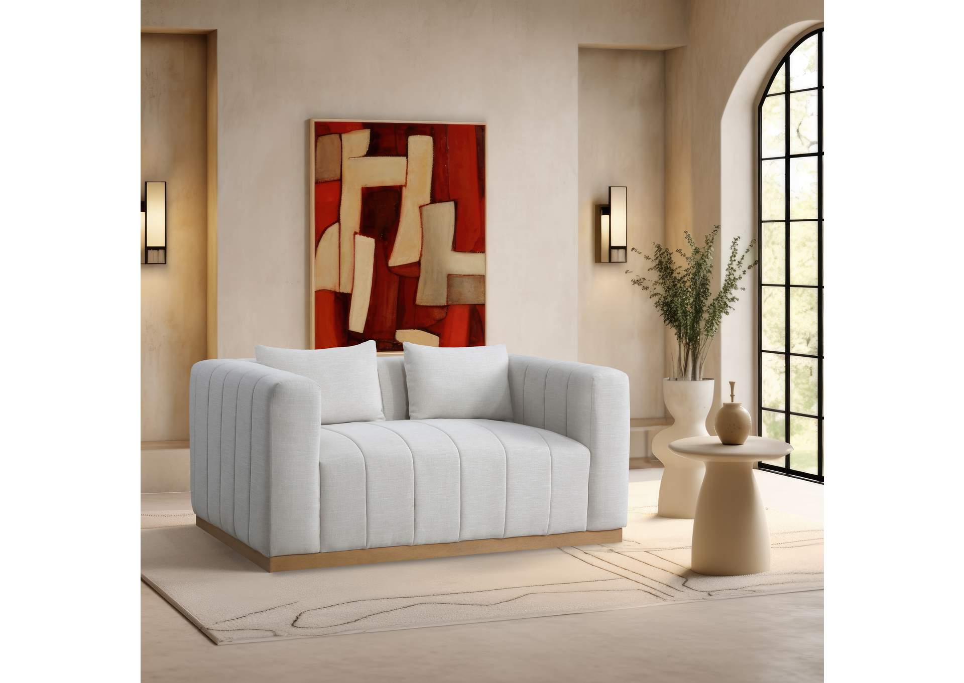 Lucia Cream Linen Textured Fabric Loveseat,Meridian Furniture
