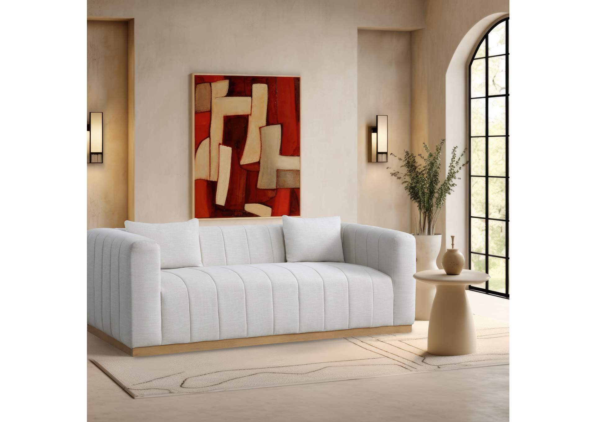 Lucia Cream Linen Textured Fabric Sofa,Meridian Furniture
