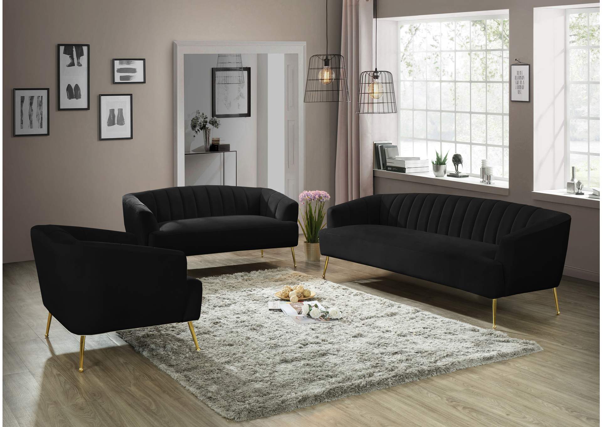 Tori Black Velvet Loveseat,Meridian Furniture