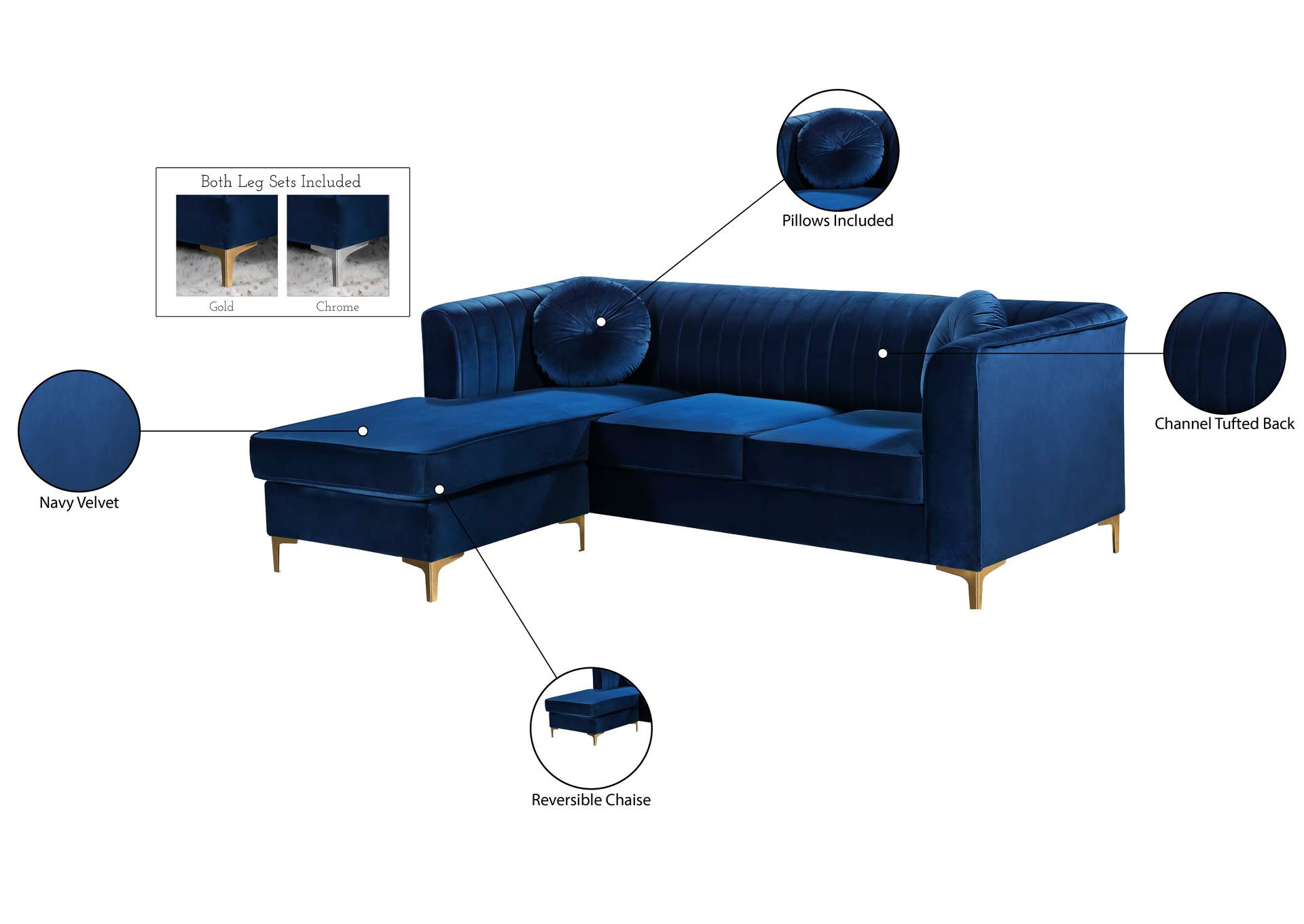 Eliana Navy Velvet 2 Piece Reversible Sectional,Meridian Furniture