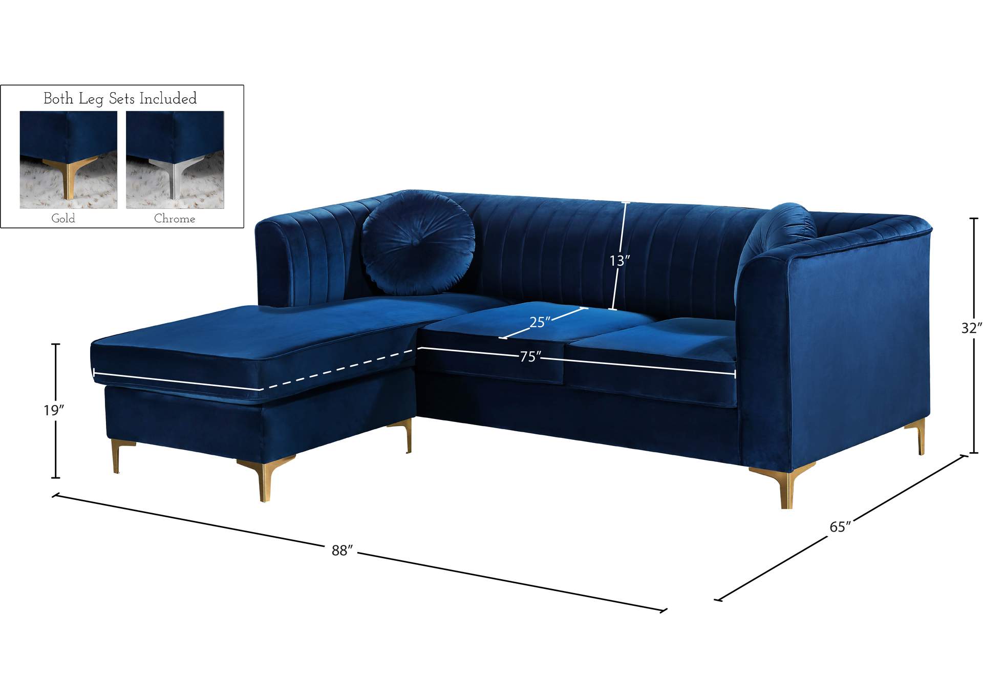 Eliana Navy Velvet 2 Piece Reversible Sectional,Meridian Furniture