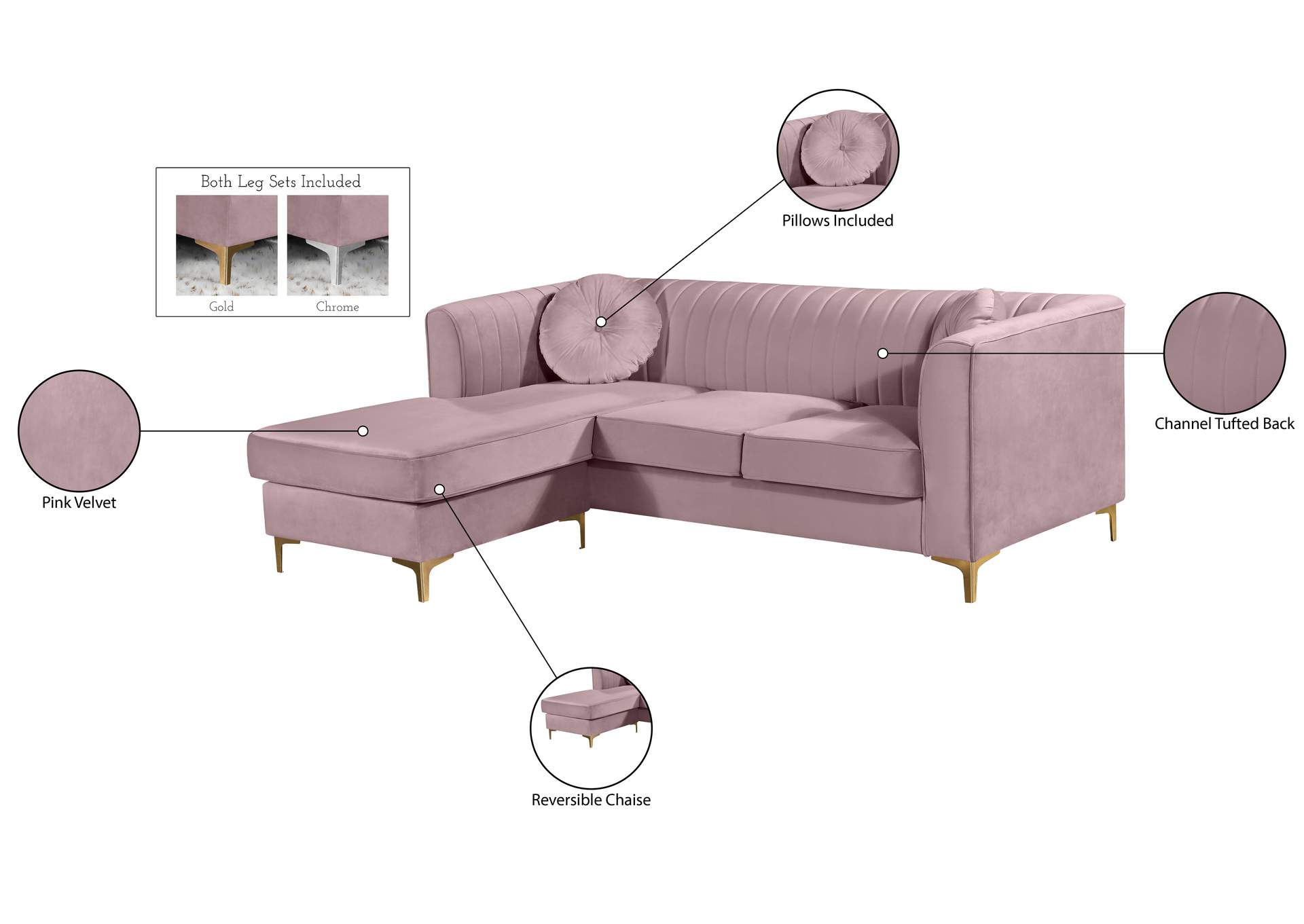 Eliana Pink Velvet 2 Piece Reversible Sectional,Meridian Furniture