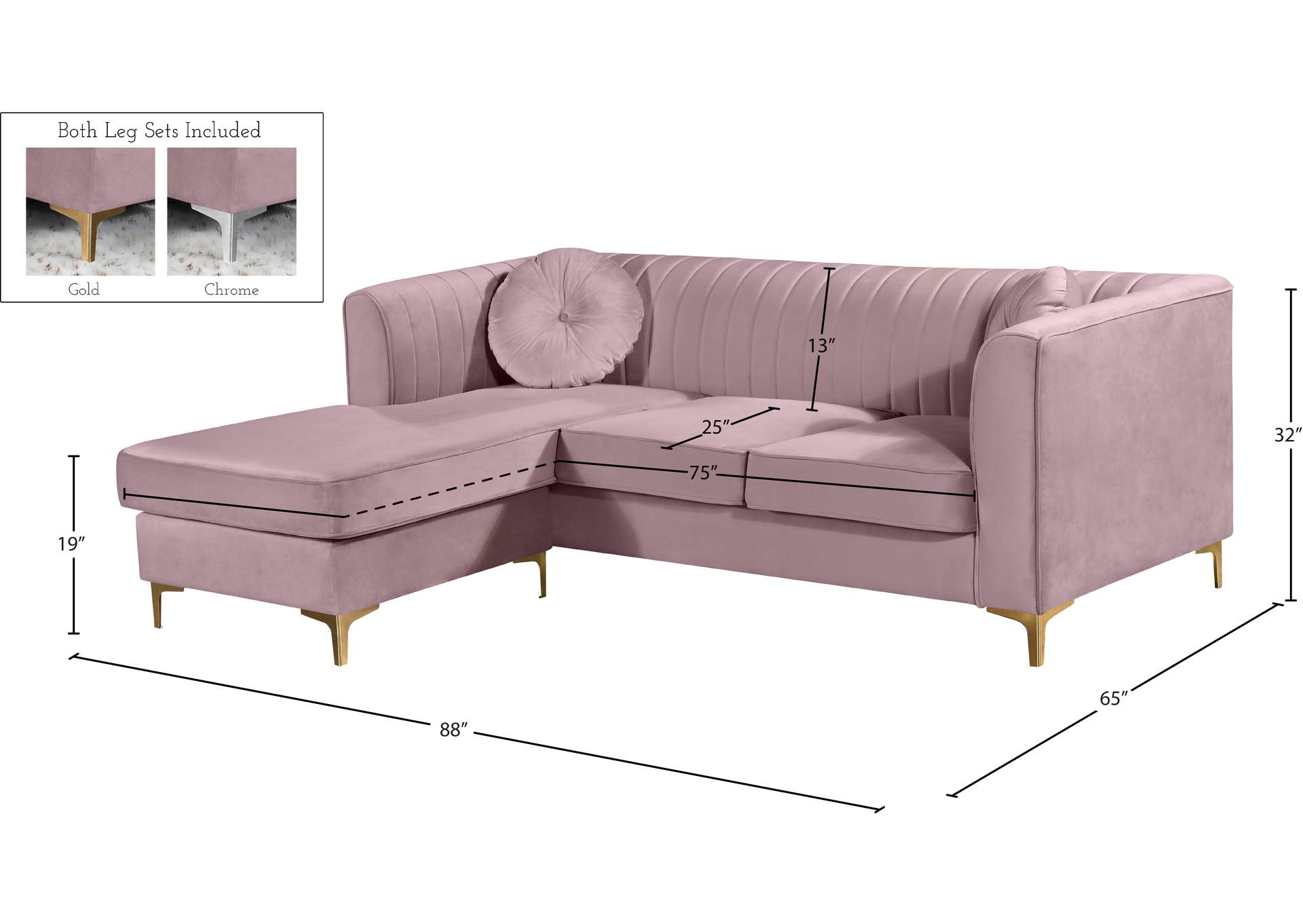 Eliana Pink Velvet 2 Piece Reversible Sectional,Meridian Furniture