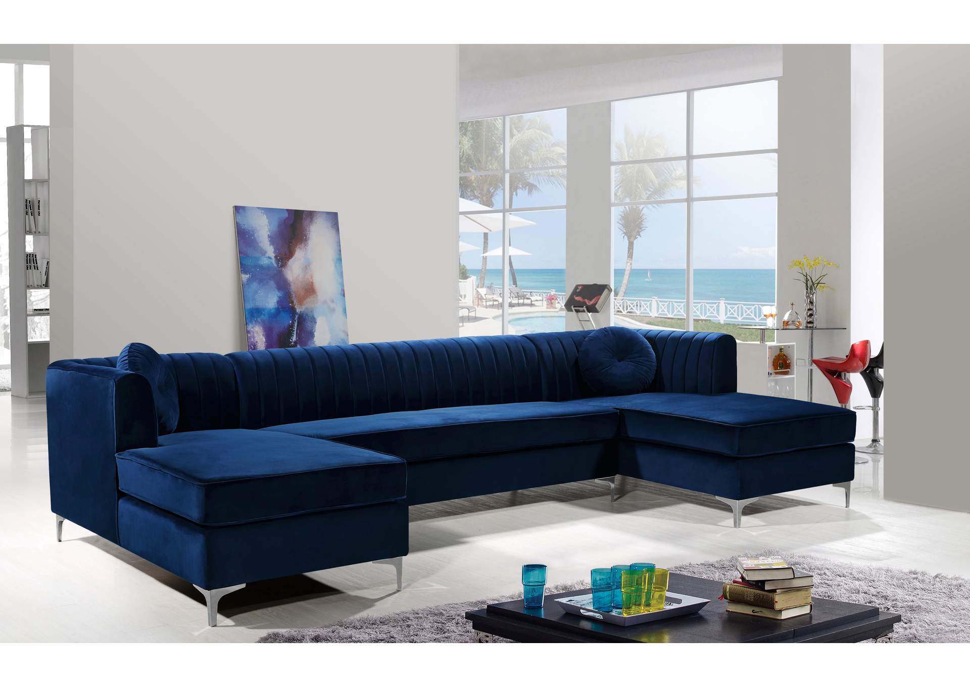 Graham Navy Velvet 3 Piece Sectional,Meridian Furniture