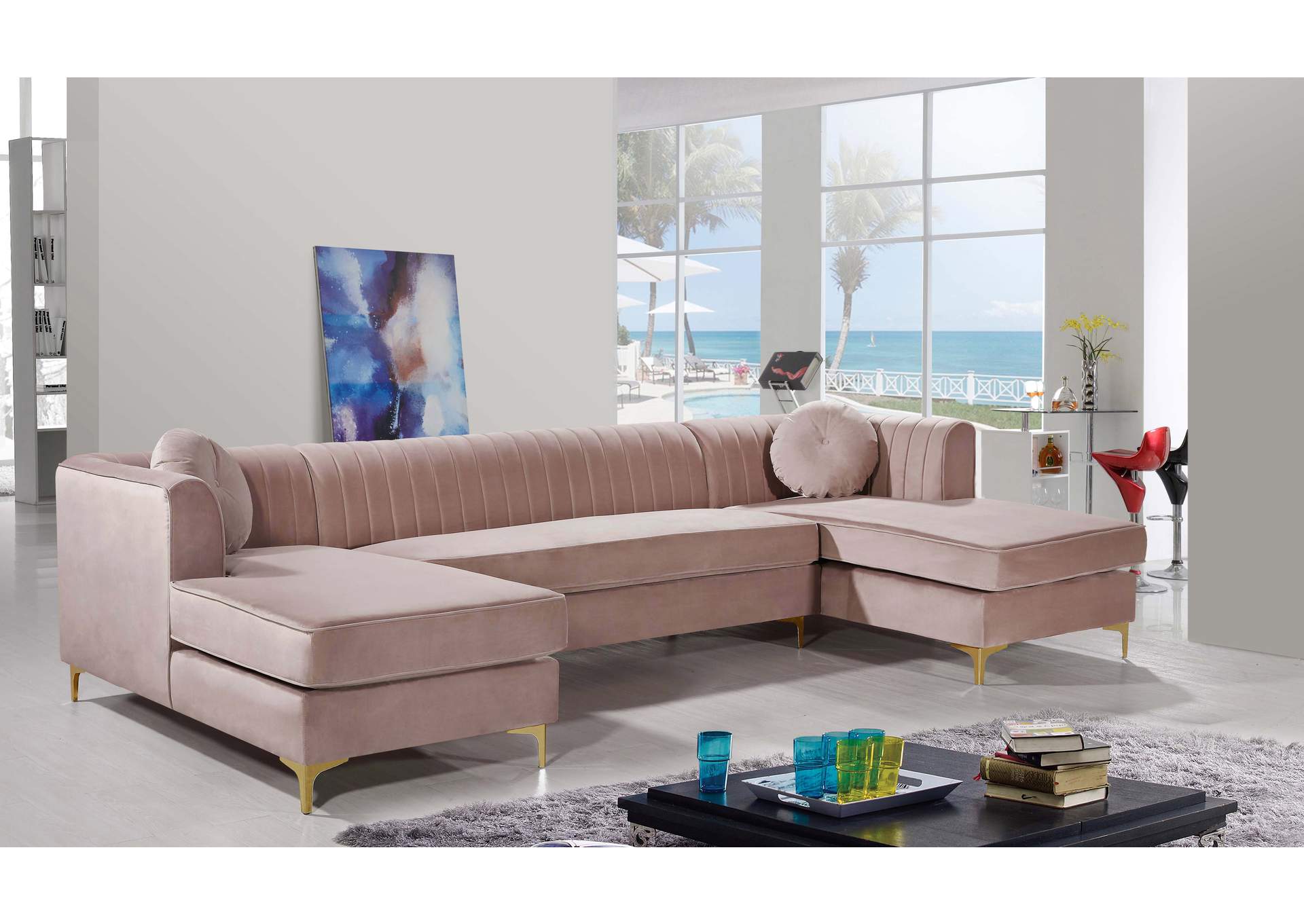 Graham Pink Velvet 3 Piece Sectional,Meridian Furniture
