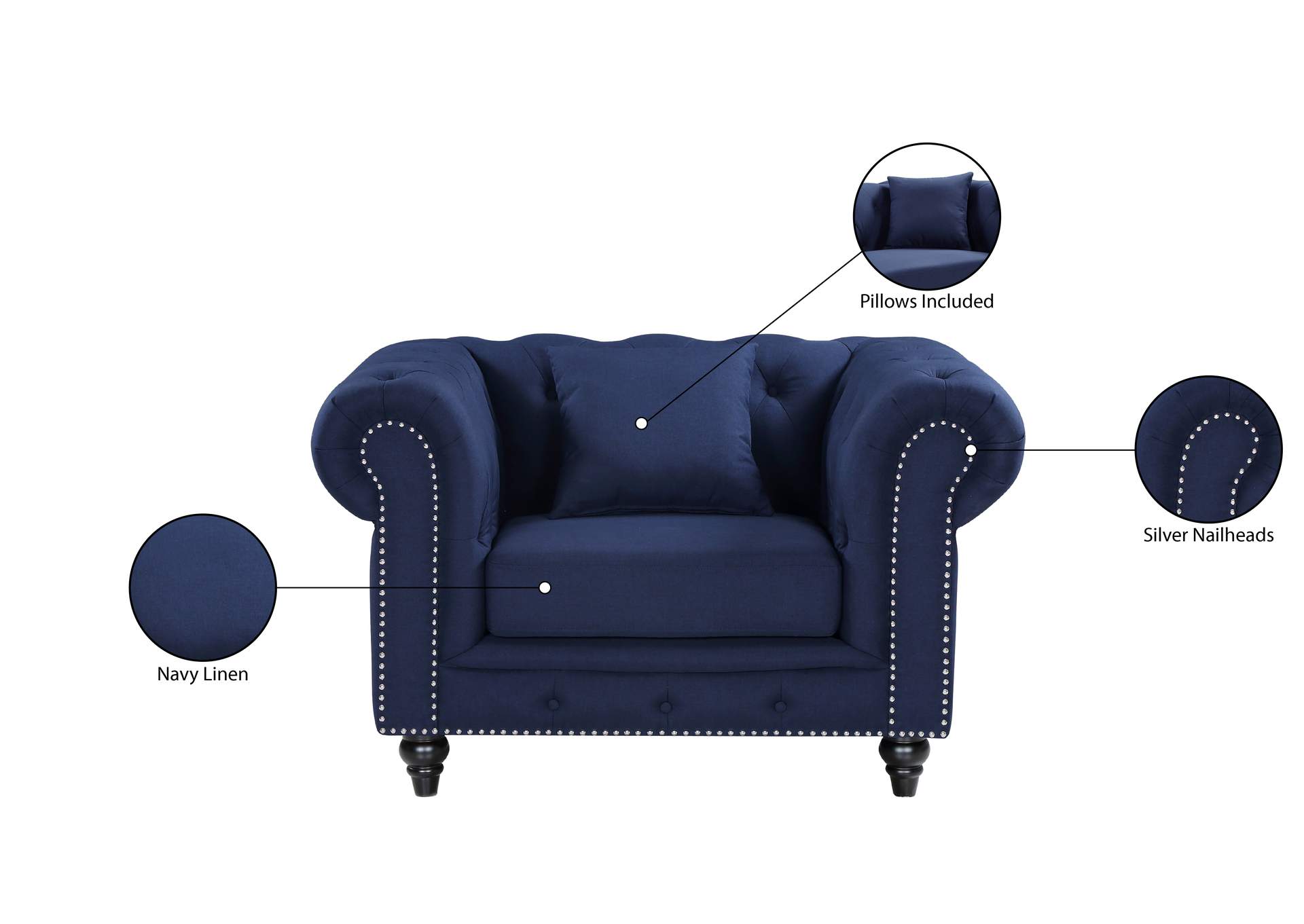 Chesterfield Navy Linen Textured Chair,Meridian Furniture