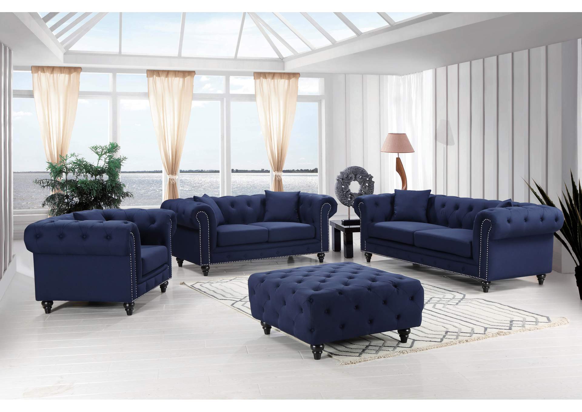 Chesterfield Navy Linen Textured Loveseat,Meridian Furniture