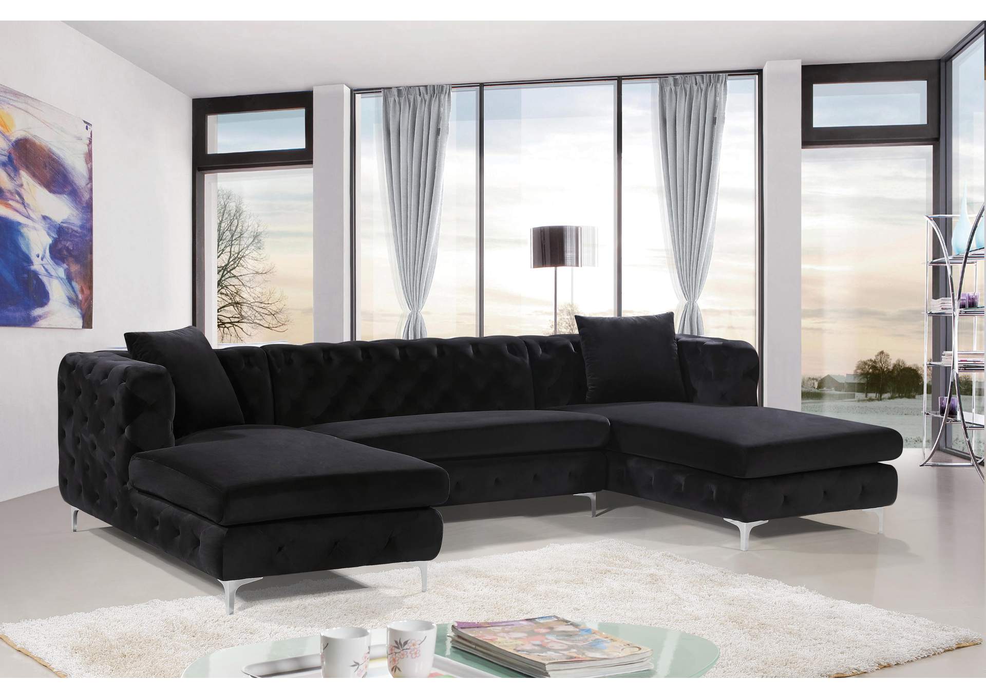 Gail Black Velvet 3 Piece Sectional,Meridian Furniture