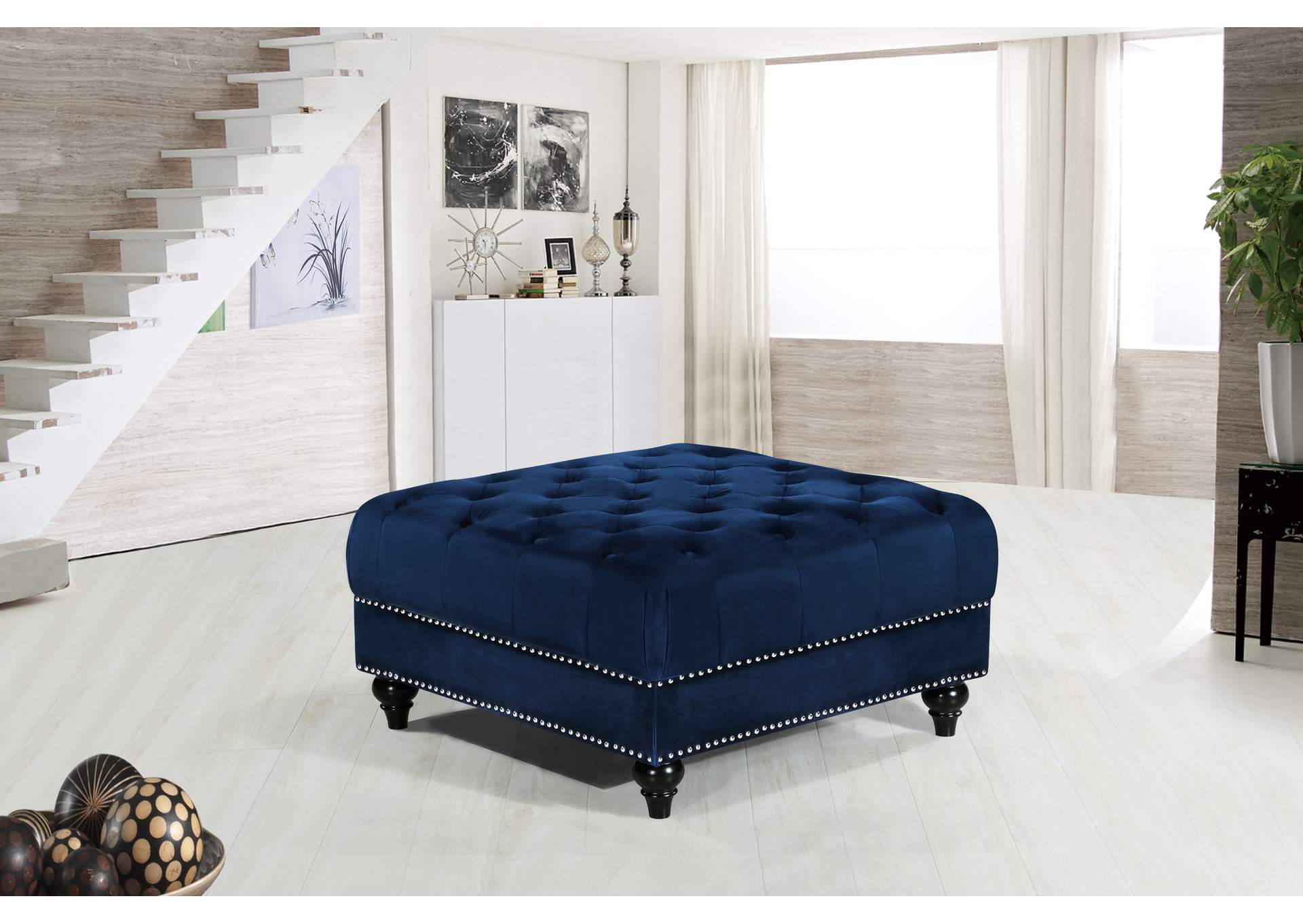 Sabrina Navy Velvet Ottoman,Meridian Furniture