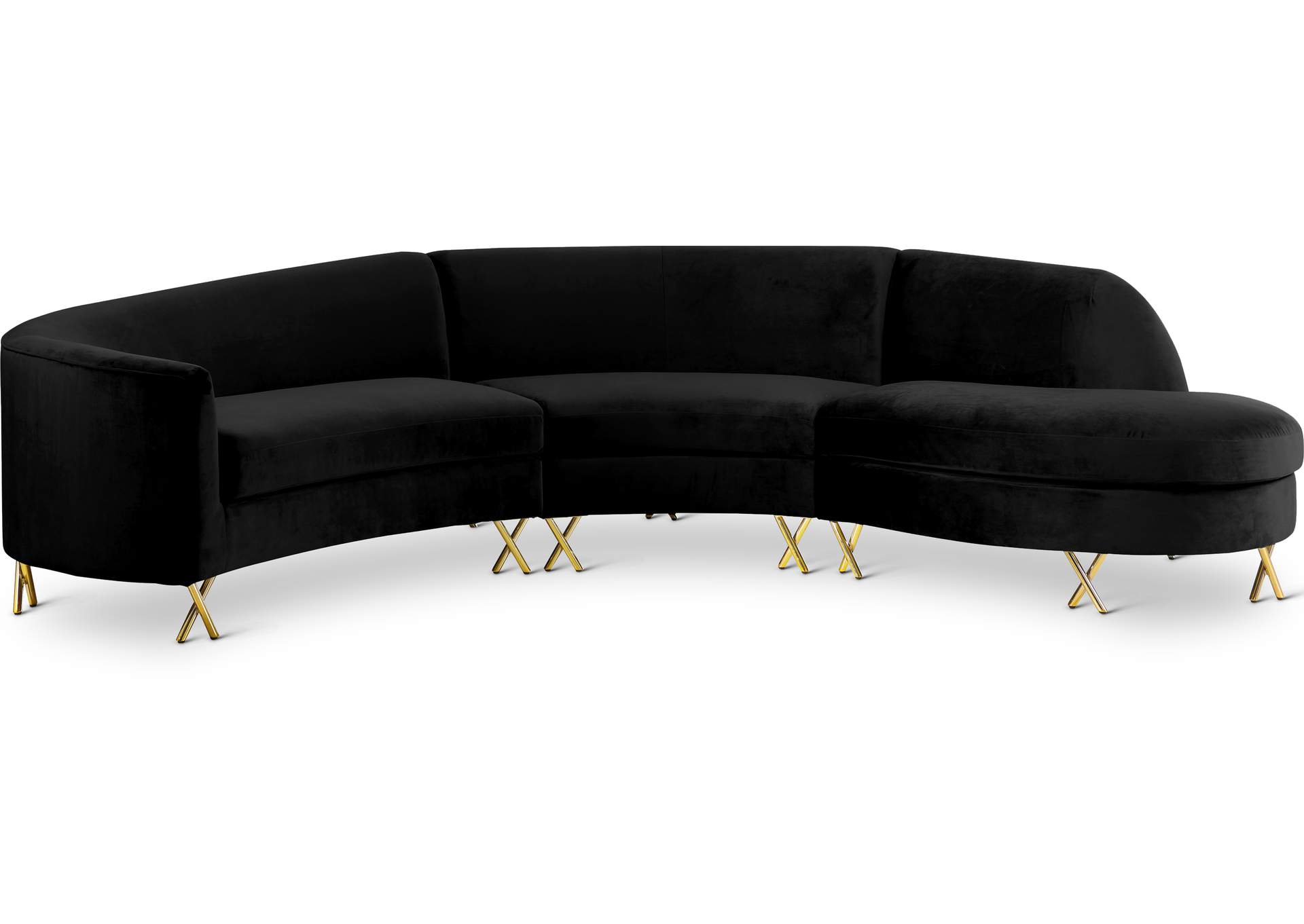 Serpentine Black Velvet 3 Piece Sectional,Meridian Furniture