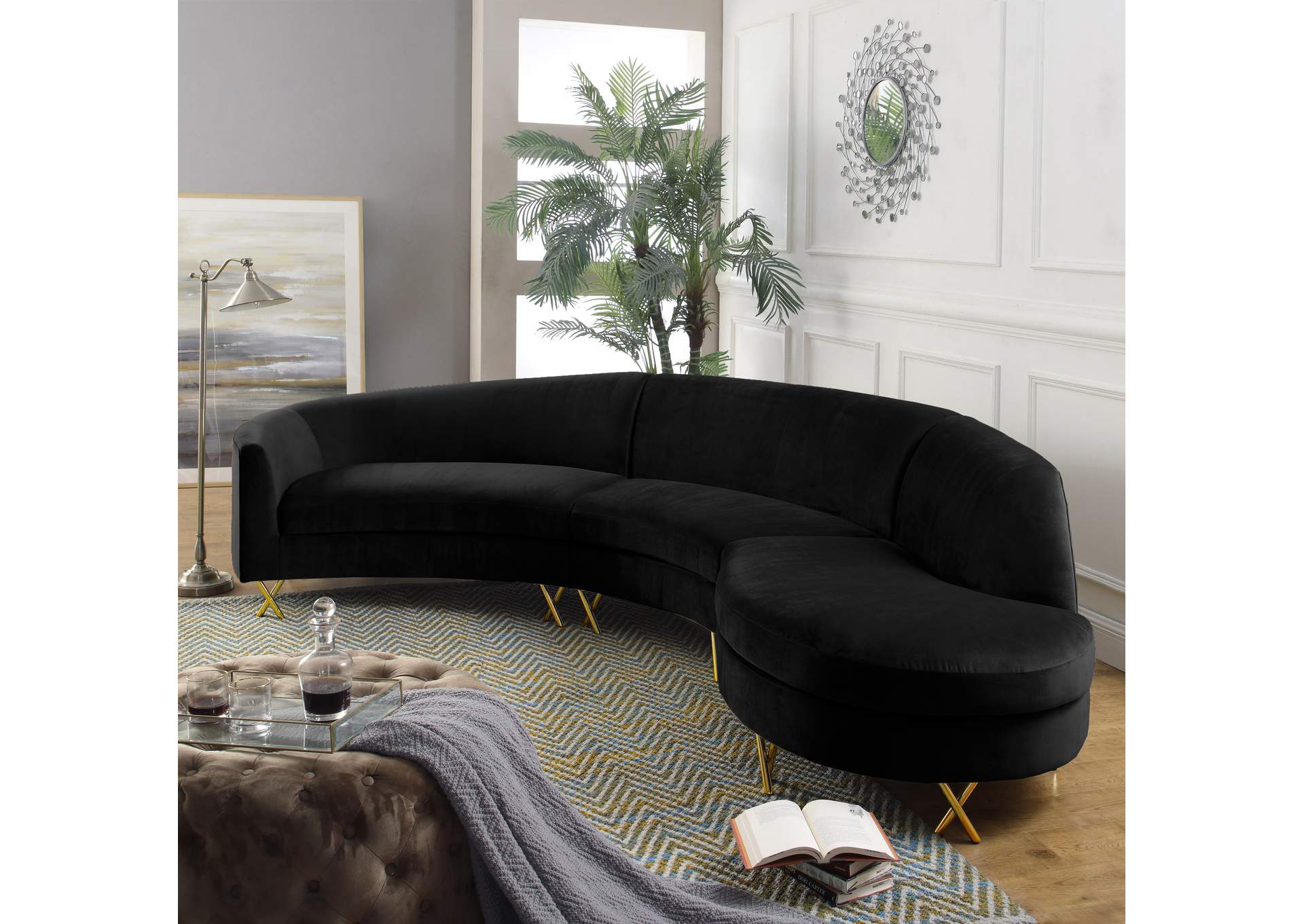 Serpentine Black Velvet 3 Piece Sectional,Meridian Furniture