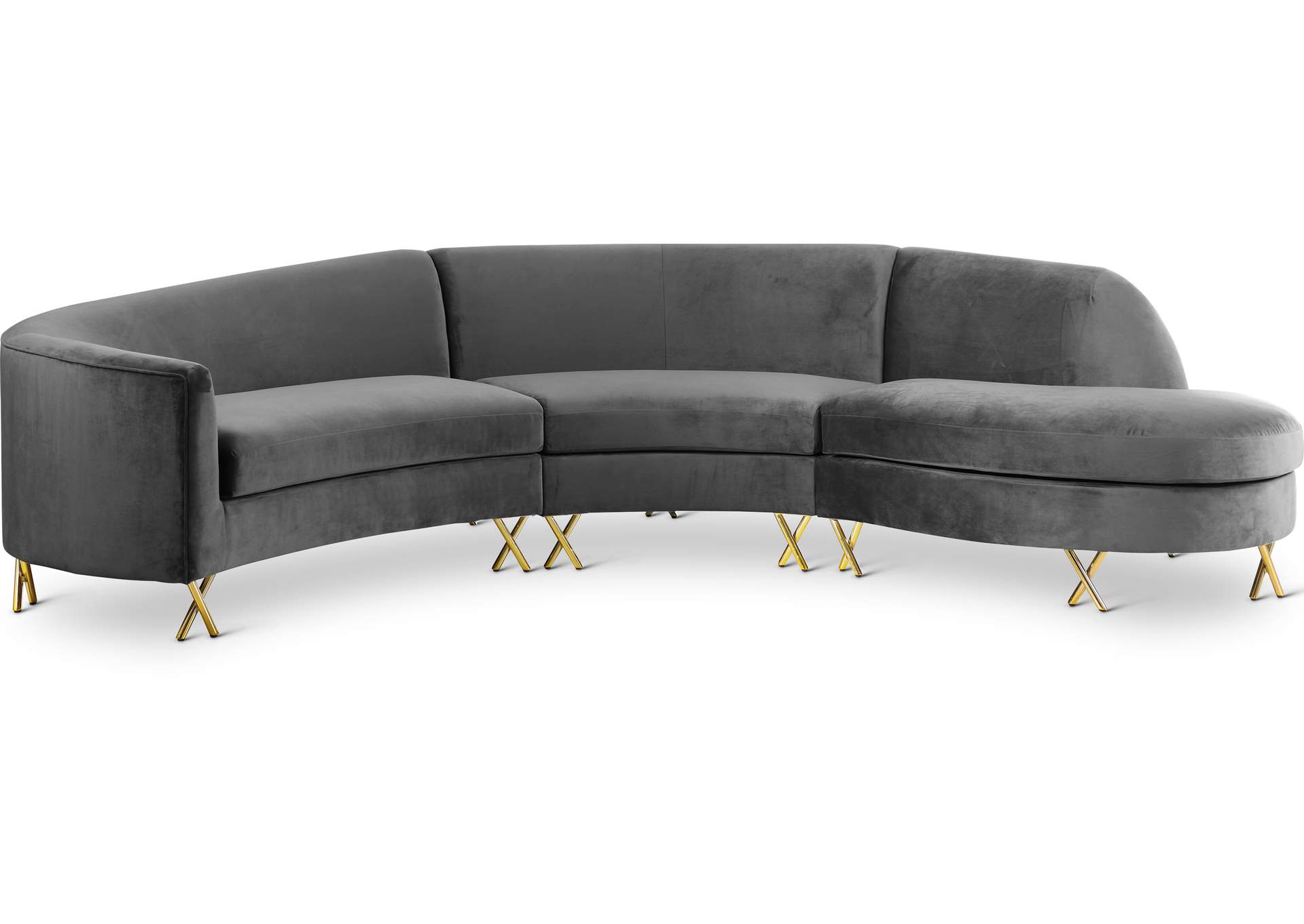 Serpentine Grey Velvet 3 Piece Sectional,Meridian Furniture