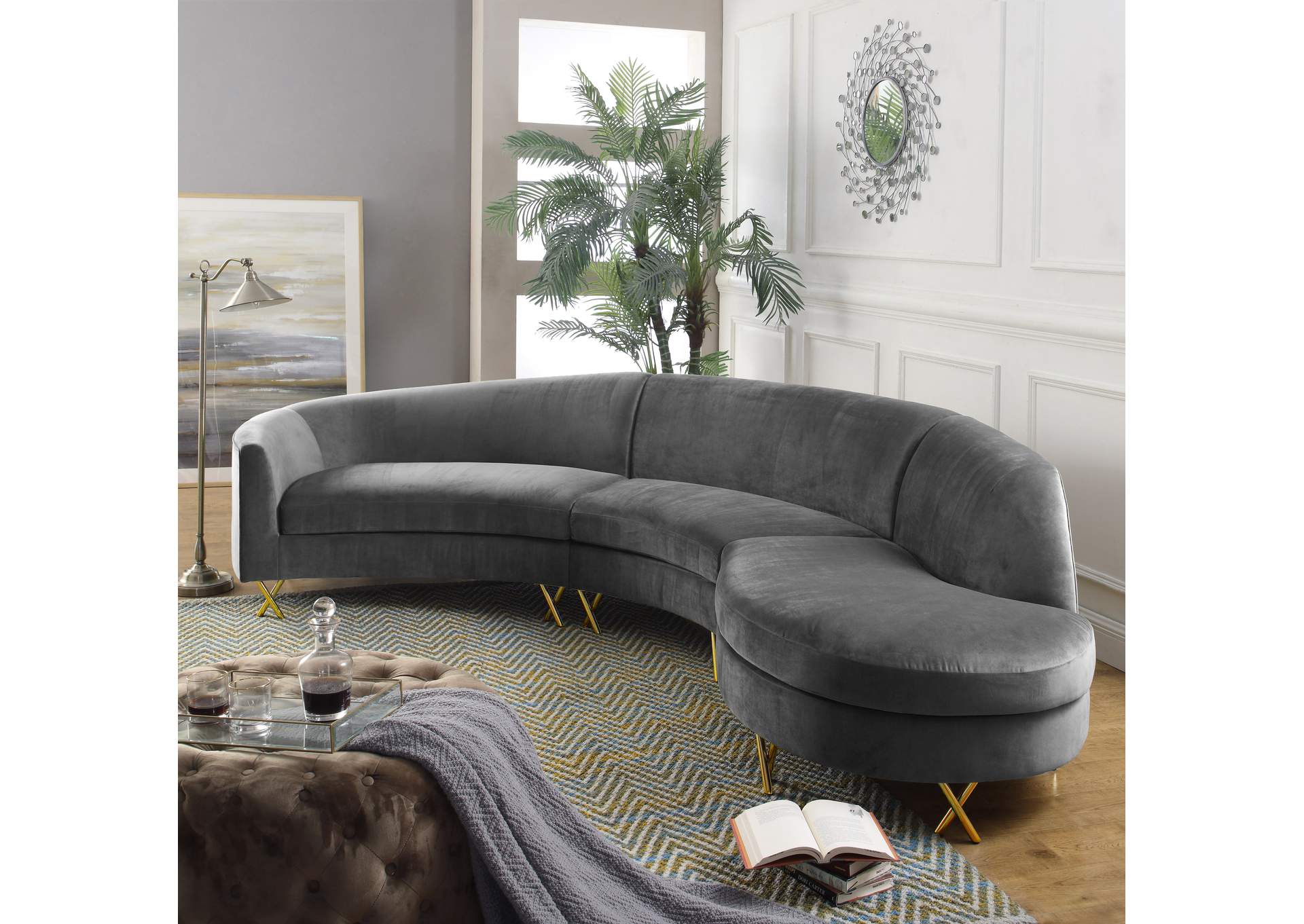 Serpentine Grey Velvet 3 Piece Sectional,Meridian Furniture