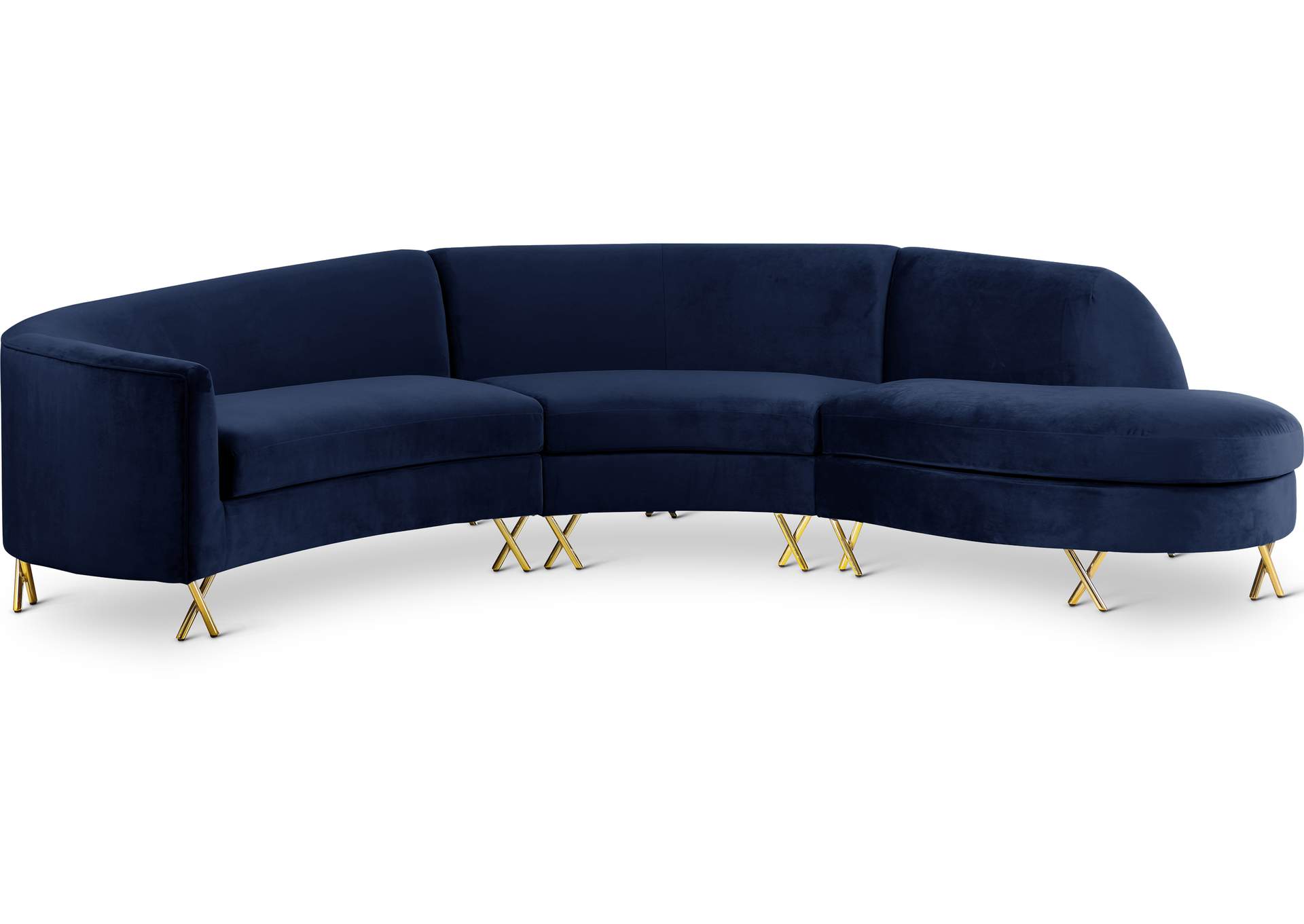 Serpentine Navy Velvet 3 Piece Sectional,Meridian Furniture