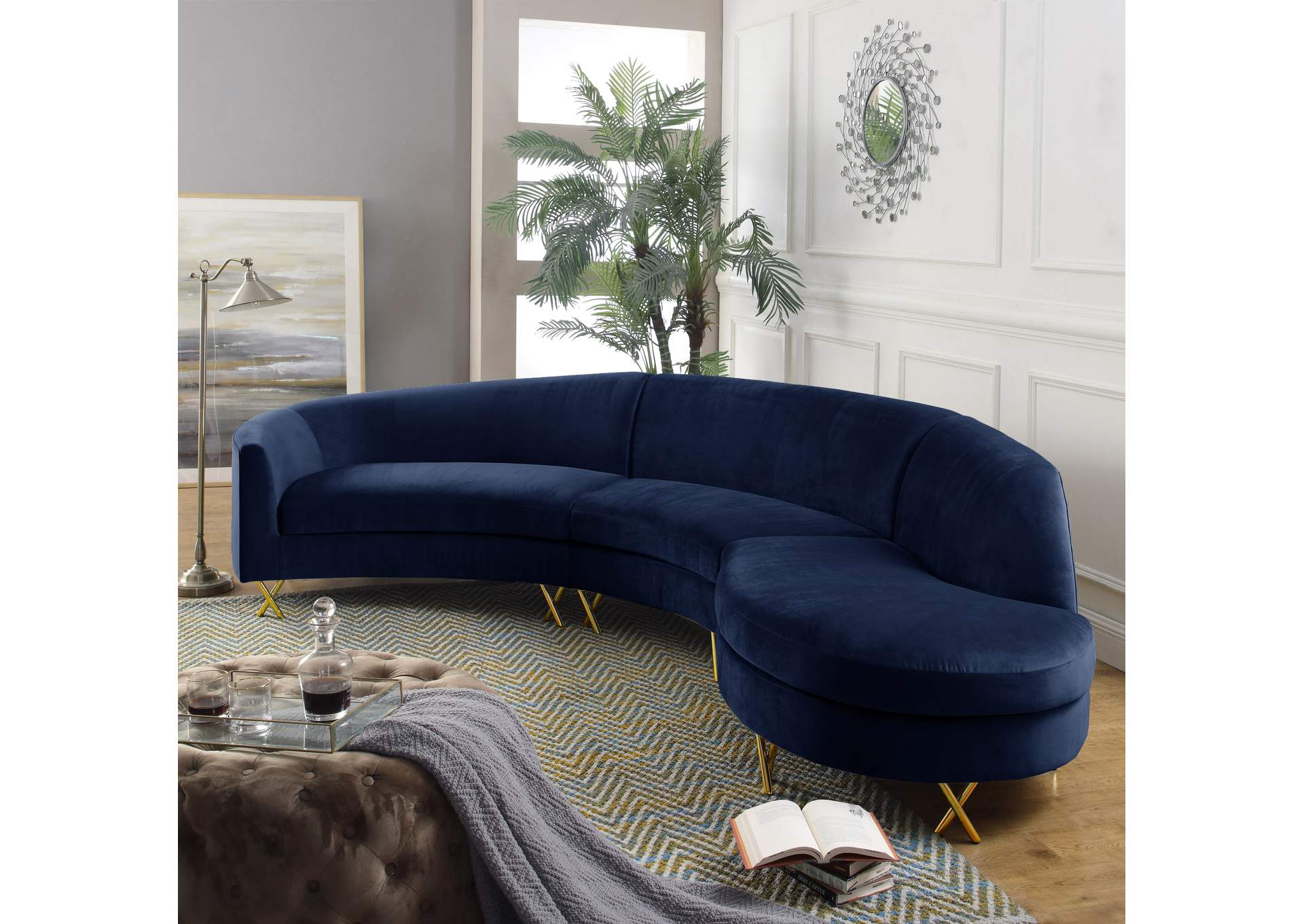 Serpentine Navy Velvet 3 Piece Sectional,Meridian Furniture