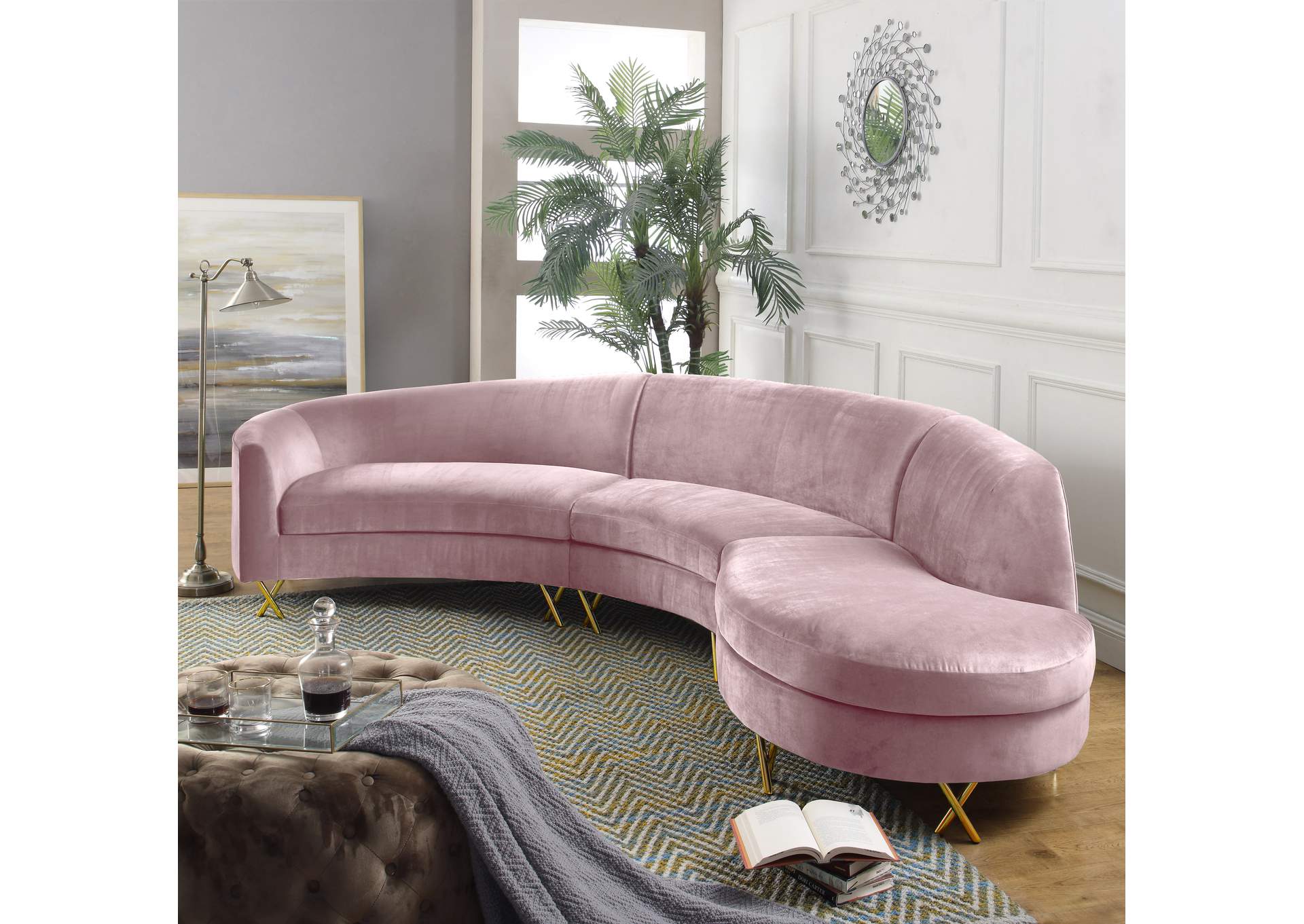 Serpentine Pink Velvet 3 Piece Sectional,Meridian Furniture