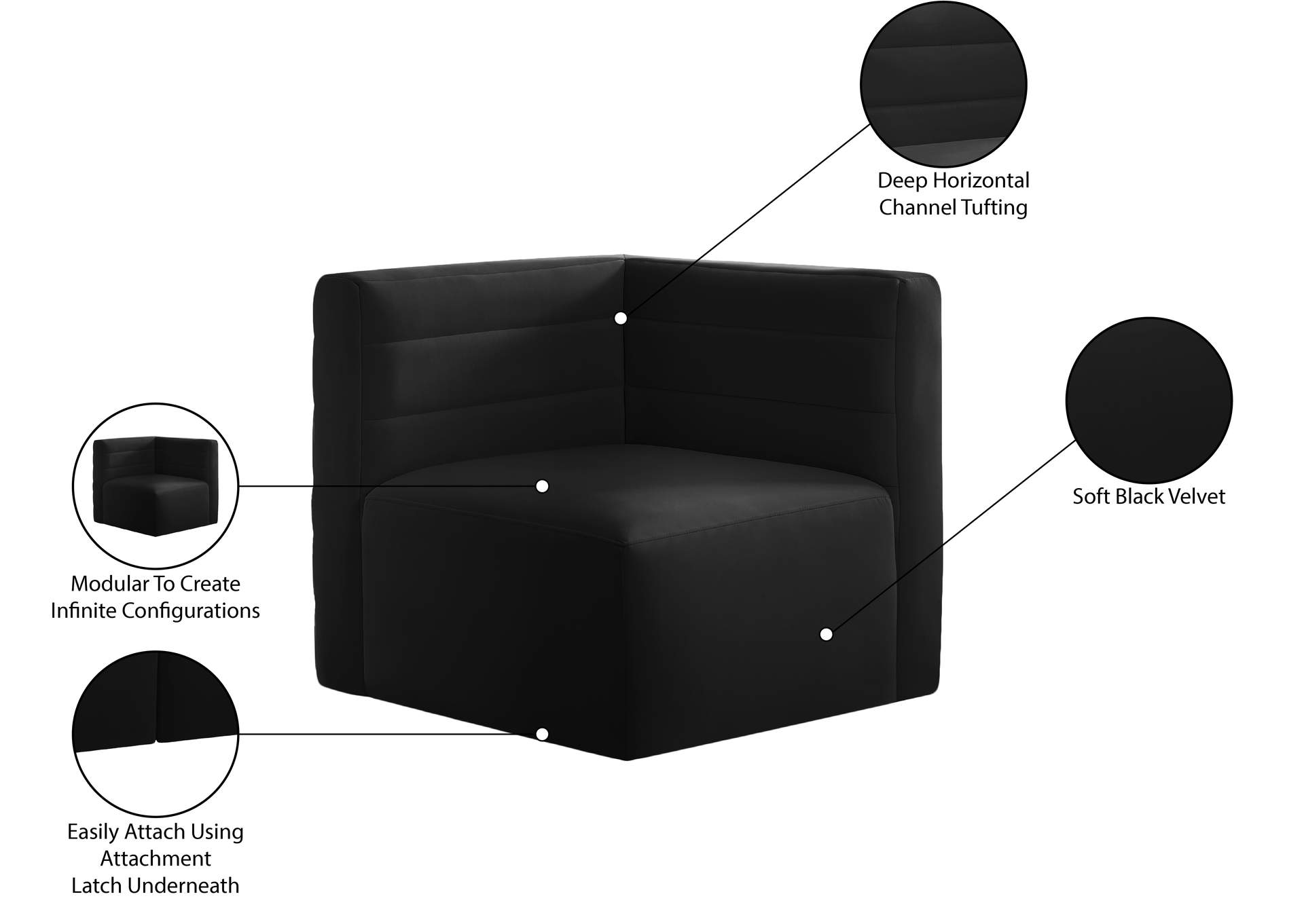 Quincy Black Velvet Modular Corner Chair,Meridian Furniture