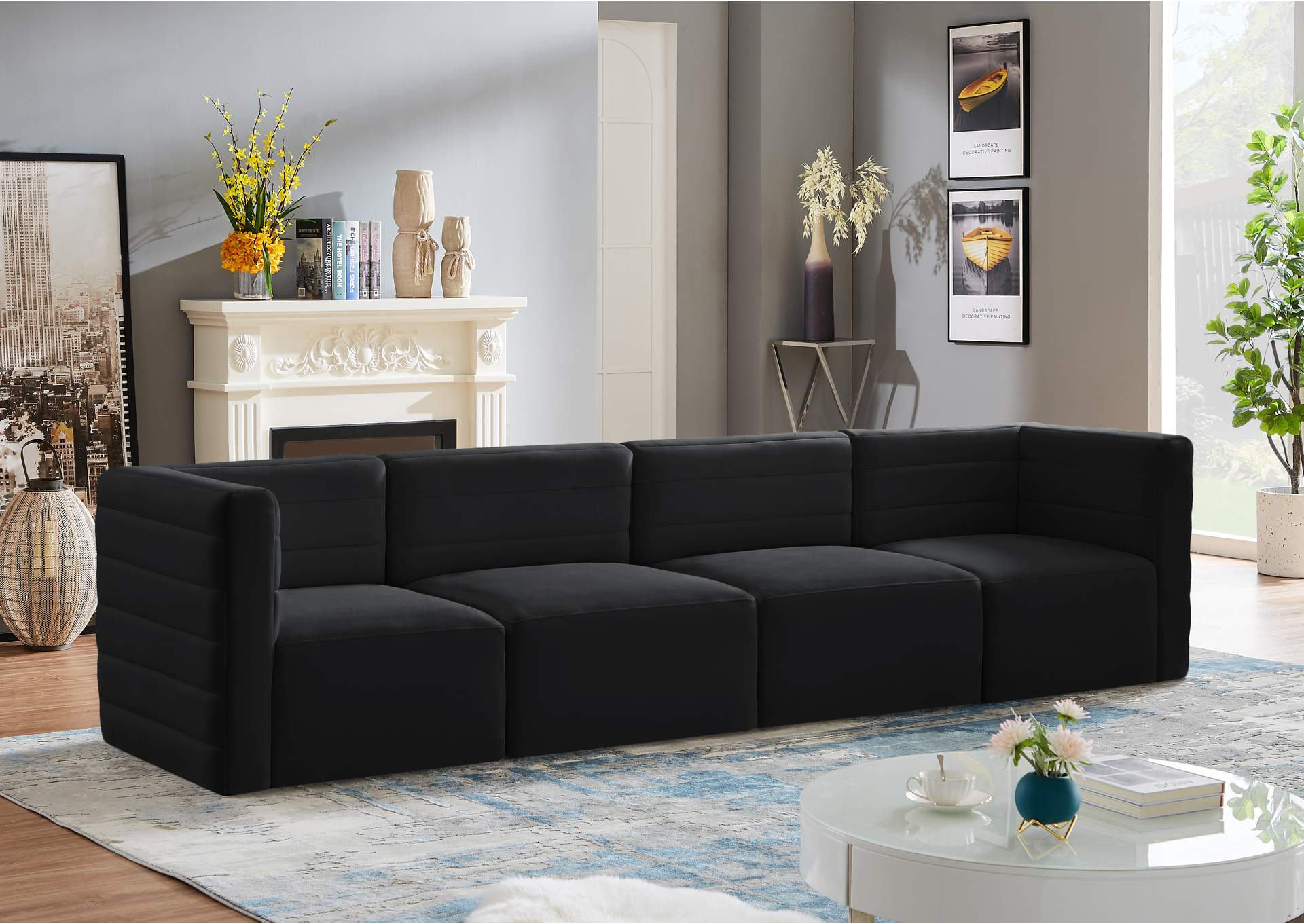 Quincy Black Velvet Modular Sofa,Meridian Furniture