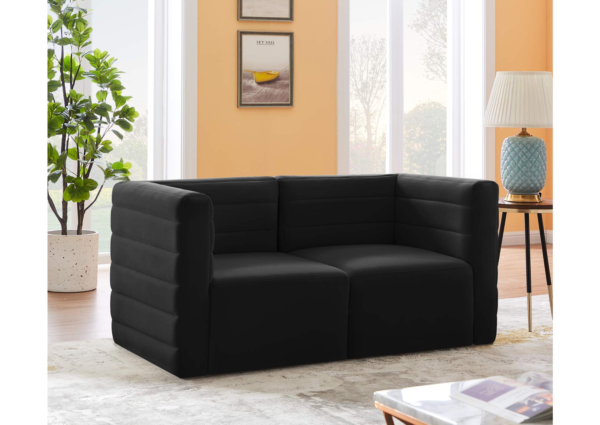 Quincy Black Velvet Modular Sofa,Meridian Furniture