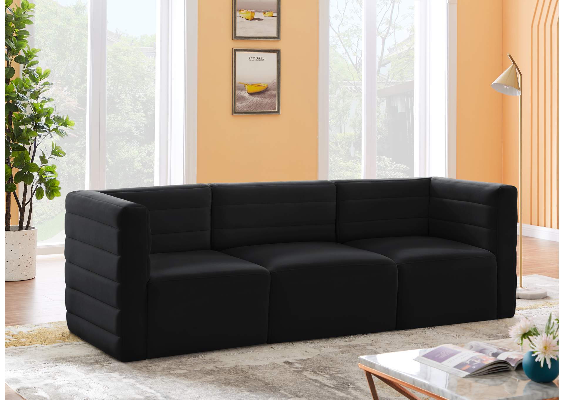 Quincy Black Velvet Modular Sofa,Meridian Furniture