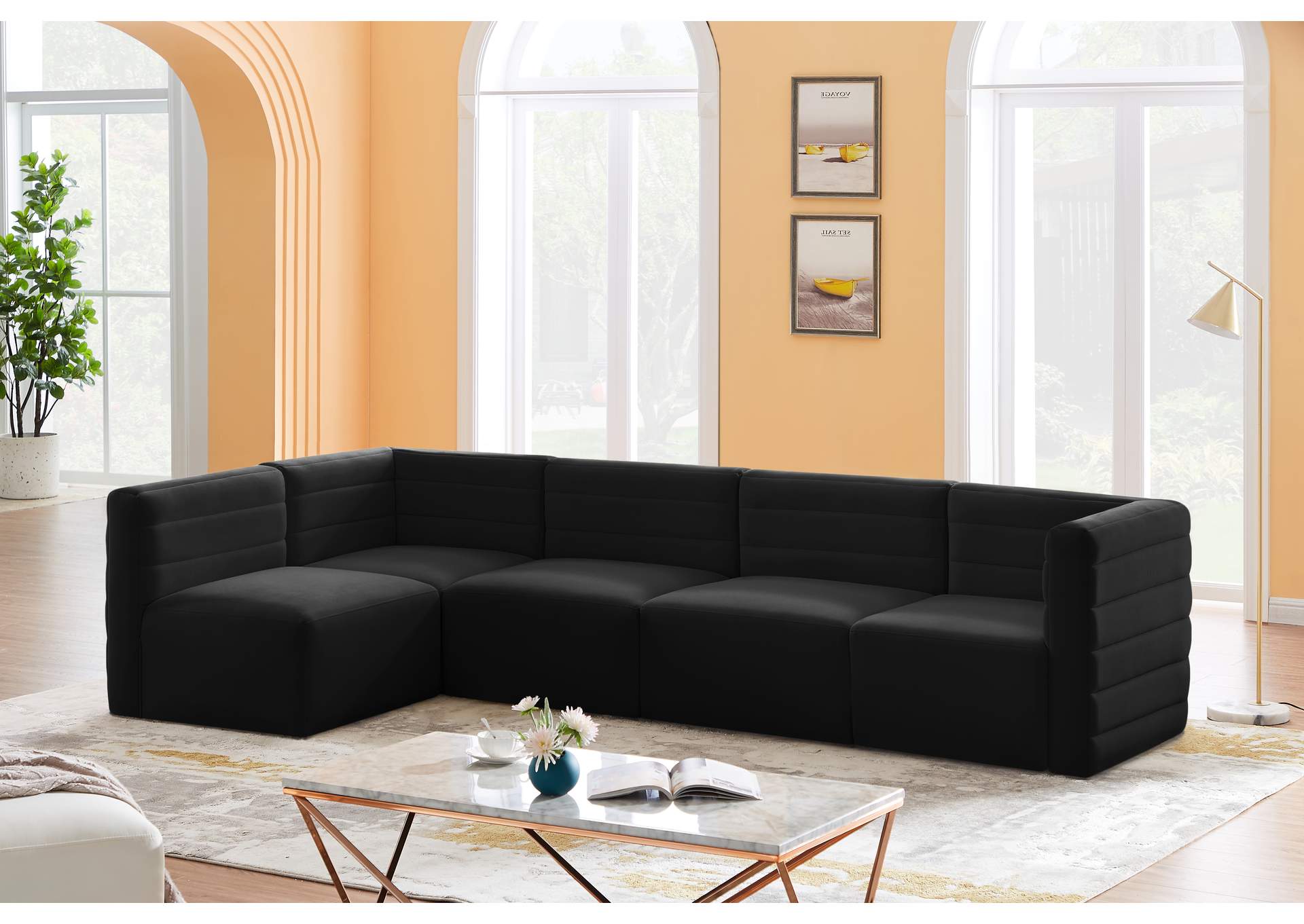 Quincy Black Velvet Modular Sectional,Meridian Furniture