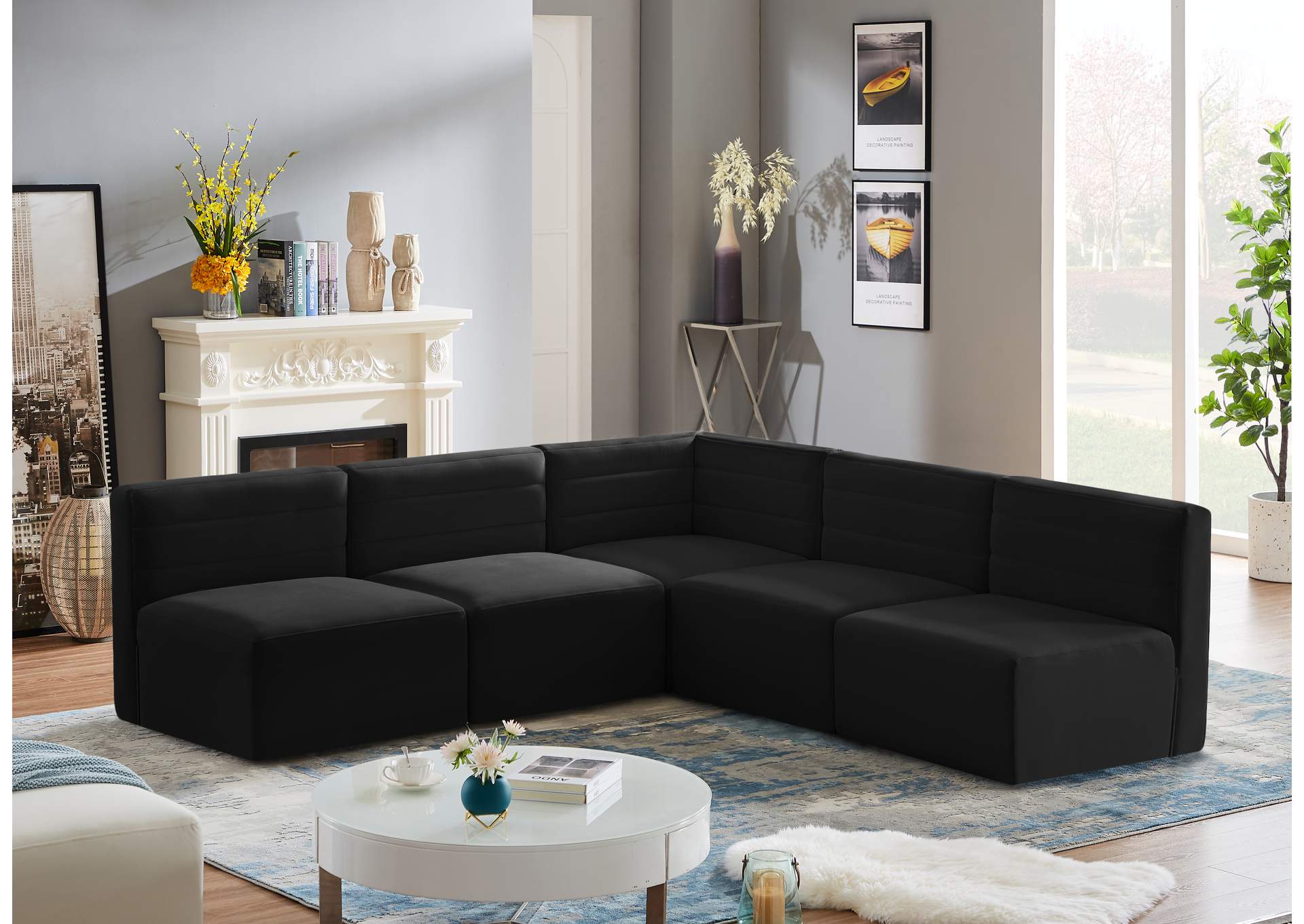 Quincy Black Velvet Modular Sectional,Meridian Furniture