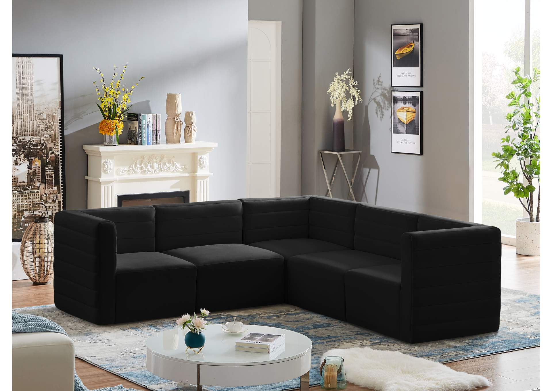 Quincy Black Velvet Modular Sectional,Meridian Furniture