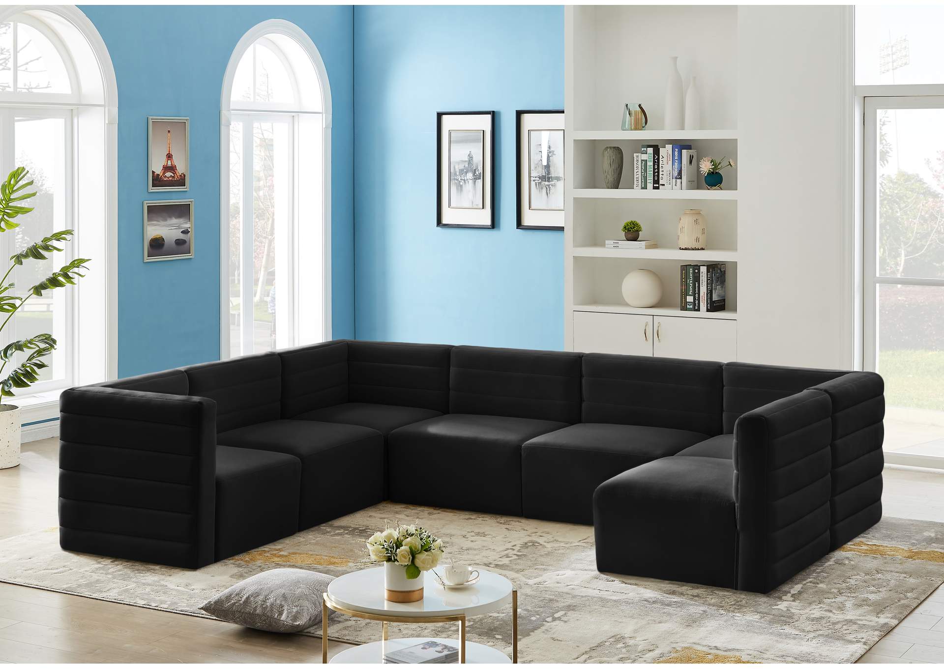 Quincy Black Velvet Modular Sectional,Meridian Furniture