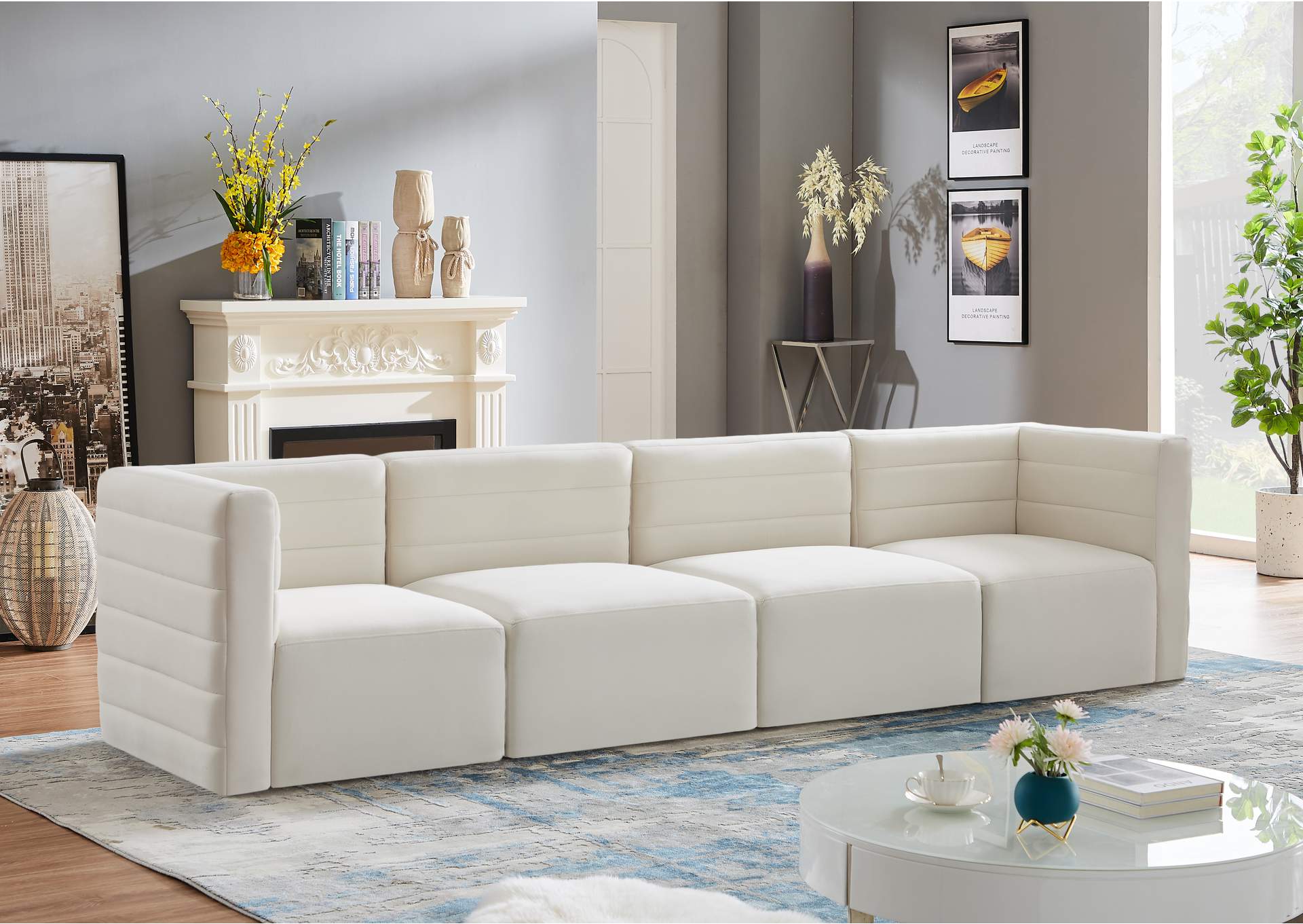 Quincy Cream Velvet Modular Sofa,Meridian Furniture