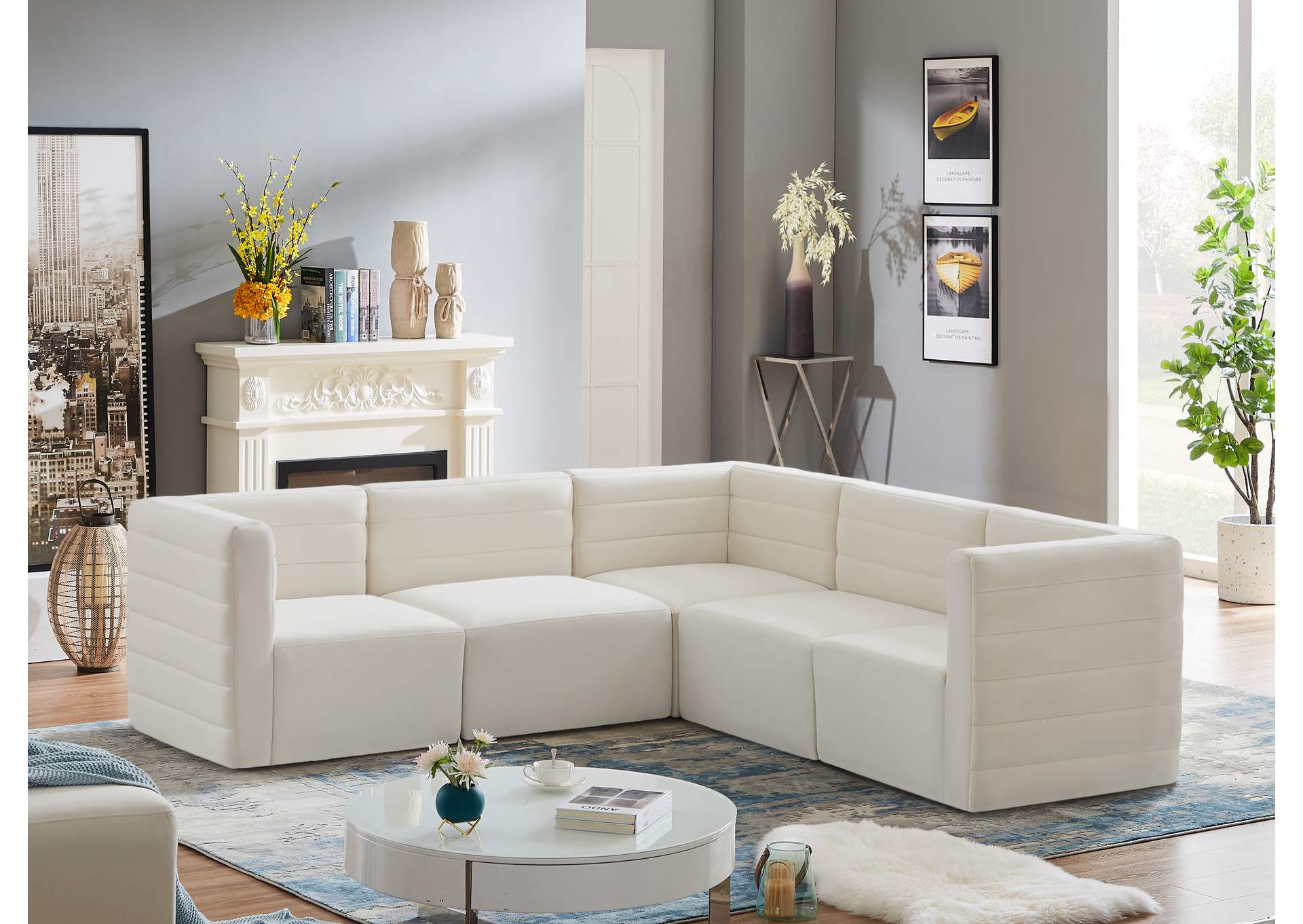 Quincy Cream Velvet Modular Sectional,Meridian Furniture