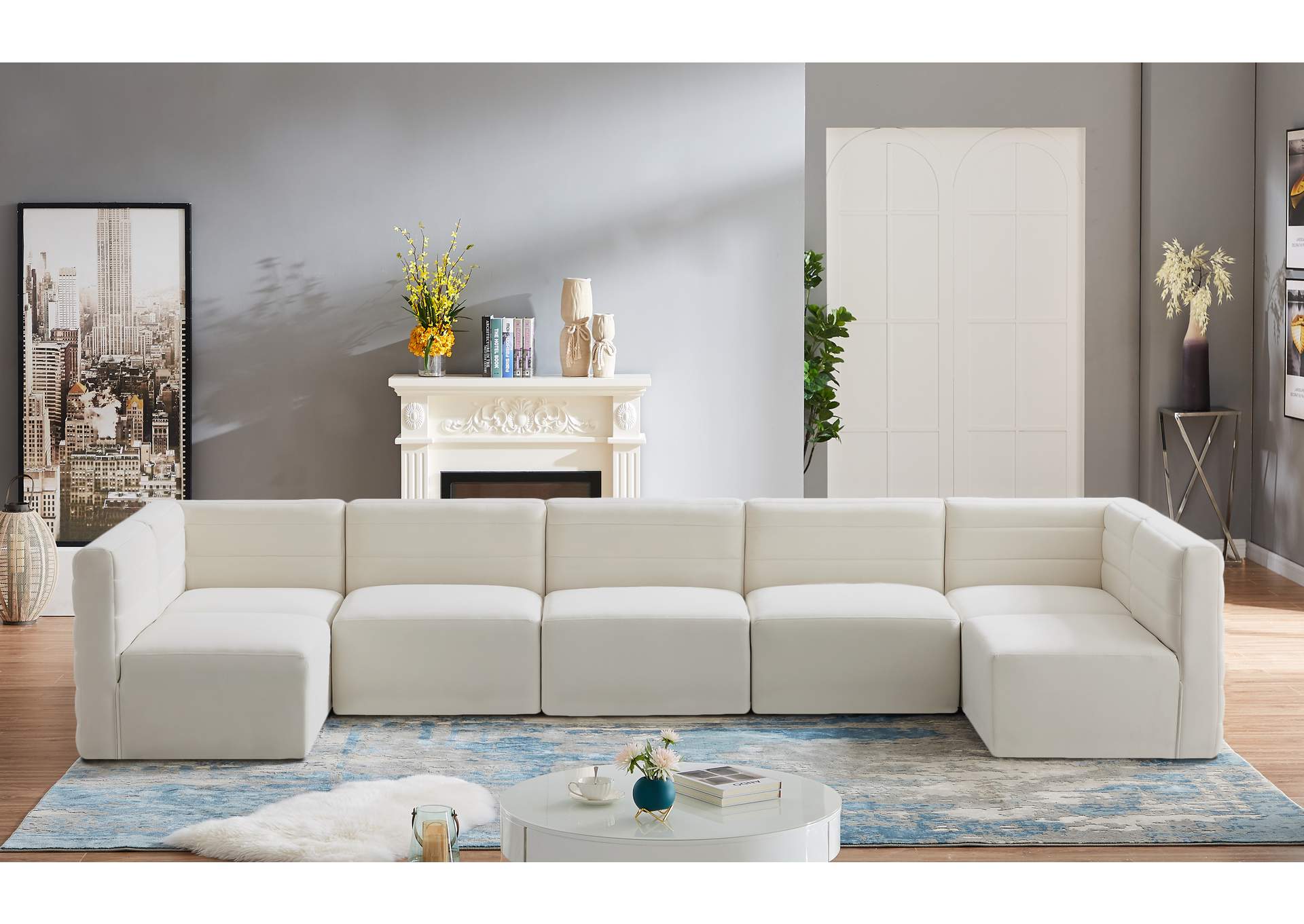 Quincy Cream Velvet Modular Sectional,Meridian Furniture