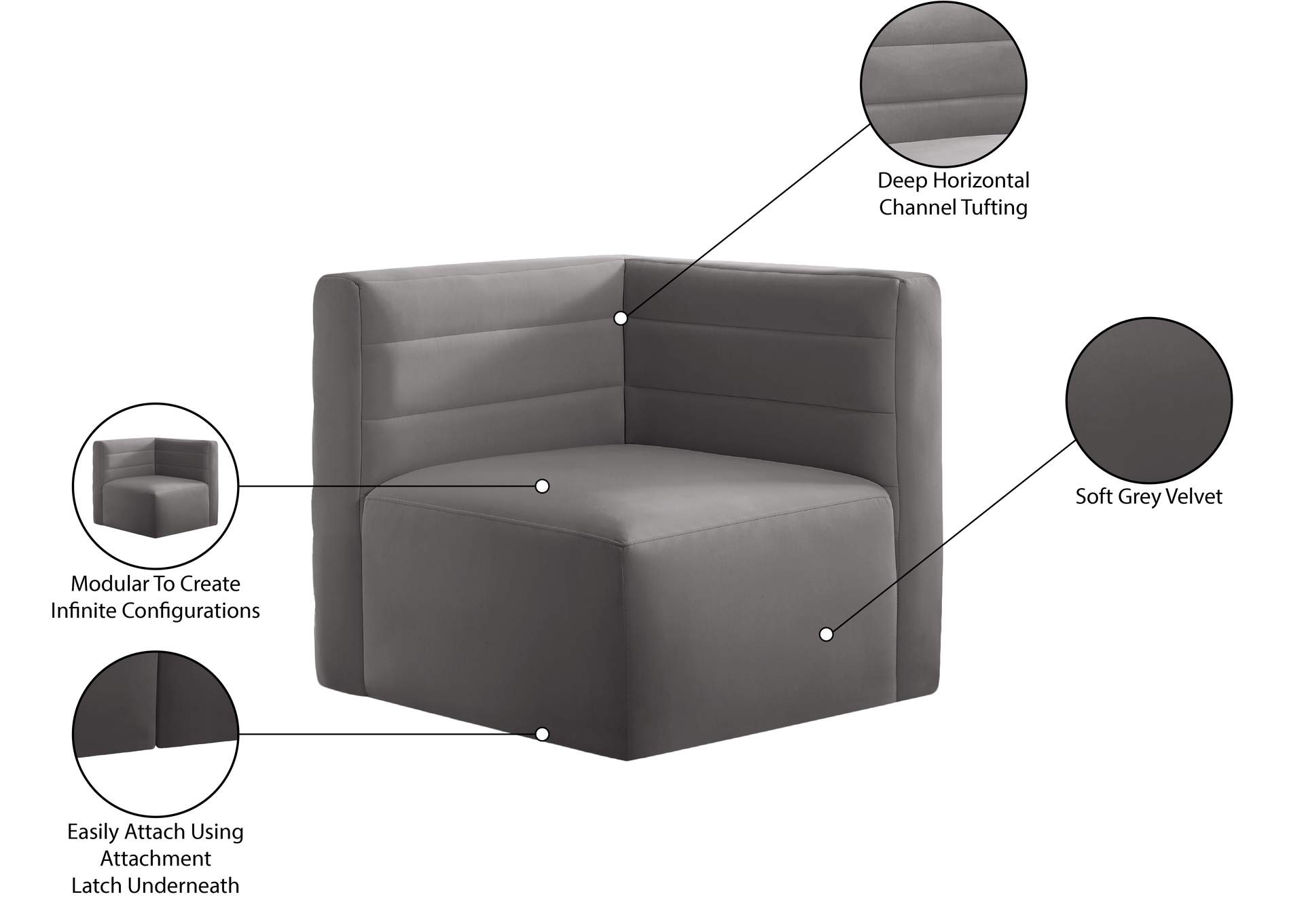 Quincy Grey Velvet Modular Corner Chair,Meridian Furniture