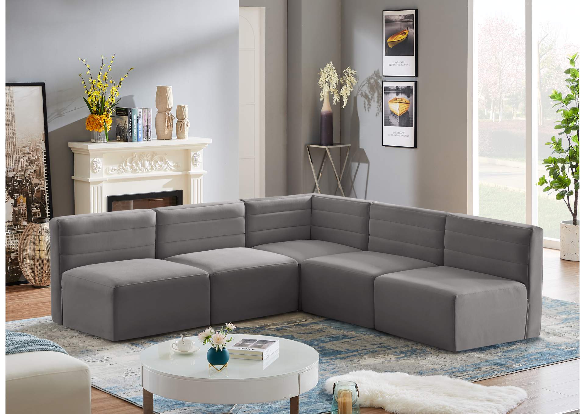 Quincy Grey Velvet Modular Sectional,Meridian Furniture