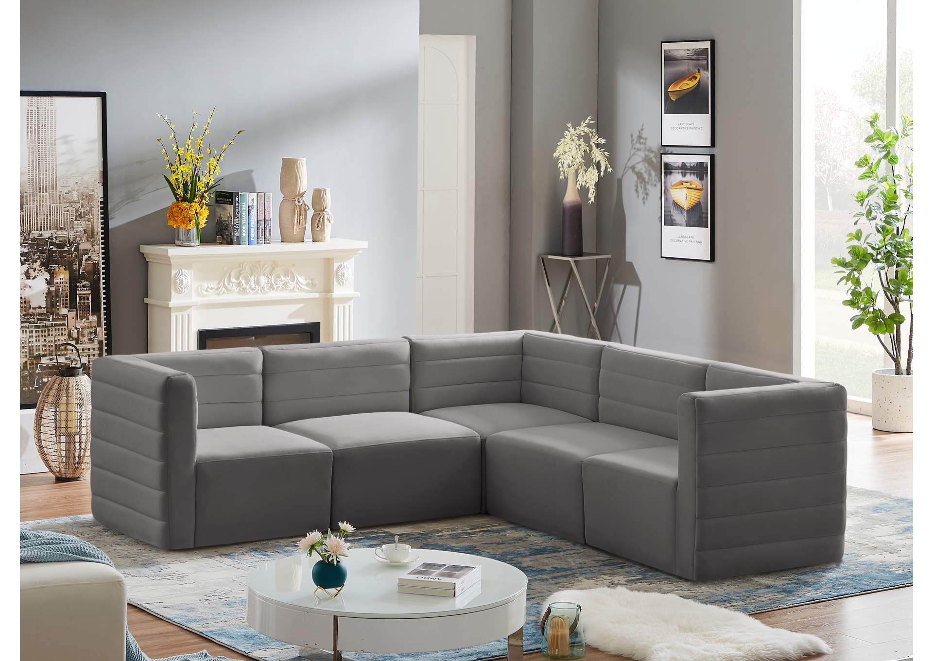 Quincy Grey Velvet Modular Sectional,Meridian Furniture