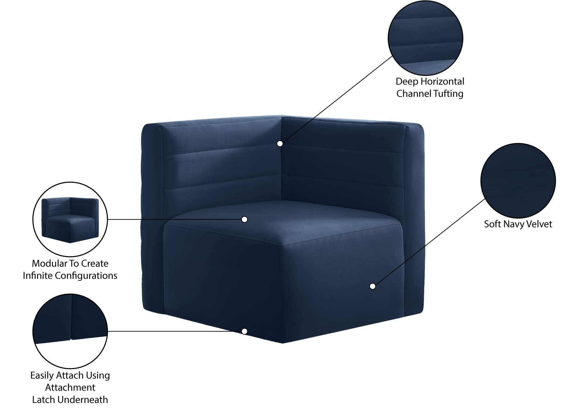 Quincy Navy Velvet Modular Corner Chair,Meridian Furniture