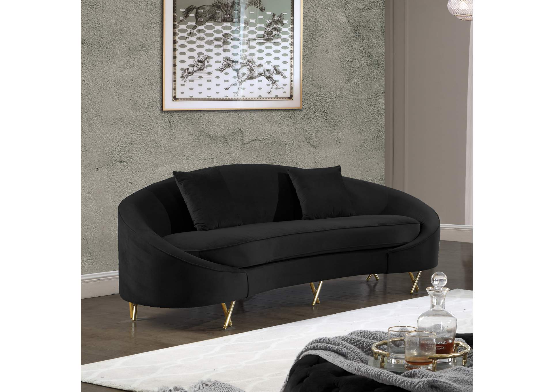 Serpentine Black Velvet Sofa,Meridian Furniture