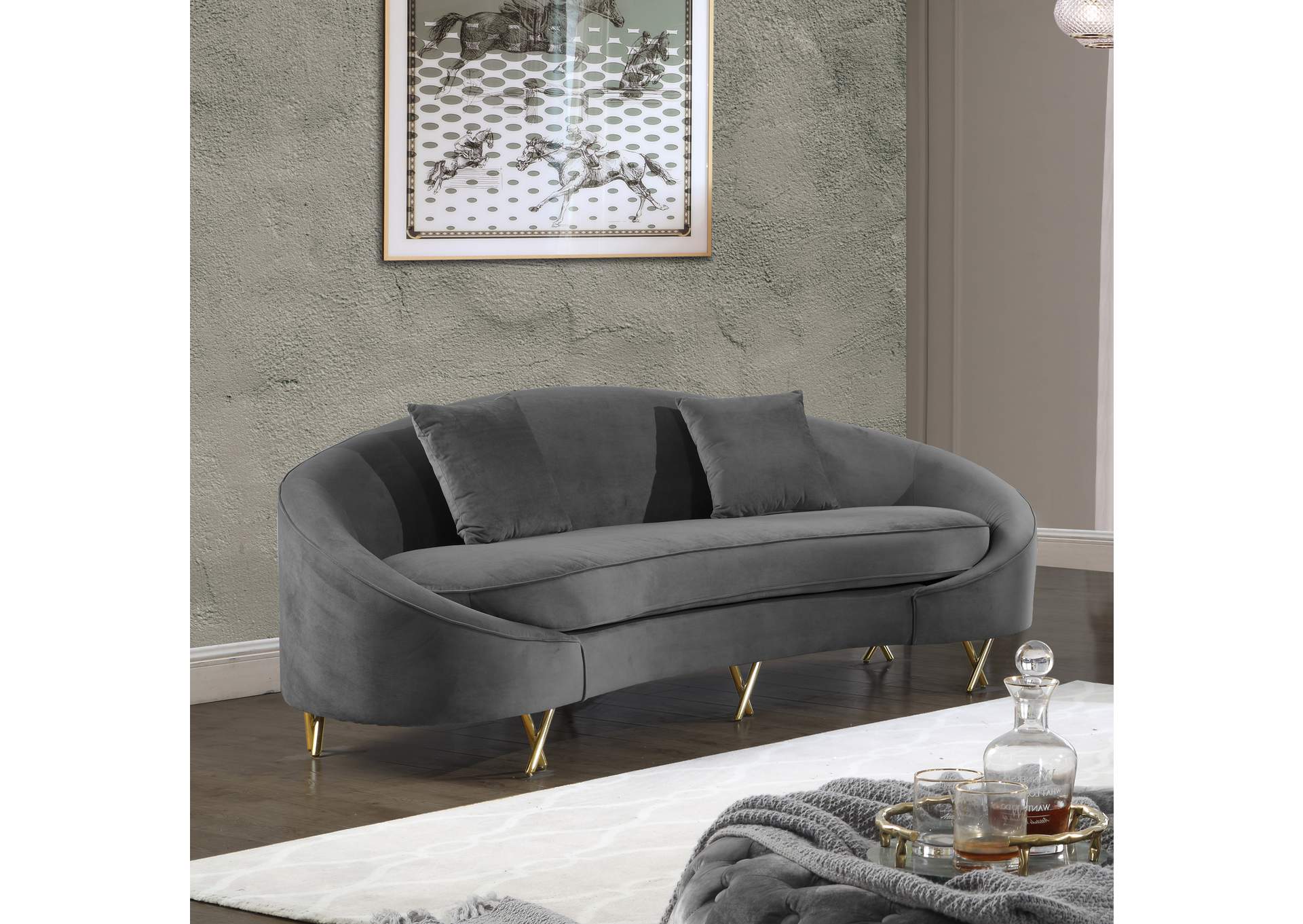 Serpentine Grey Velvet Sofa,Meridian Furniture