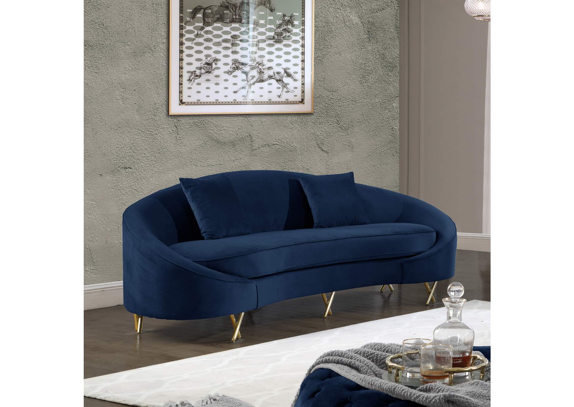 Serpentine Navy Velvet Sofa,Meridian Furniture