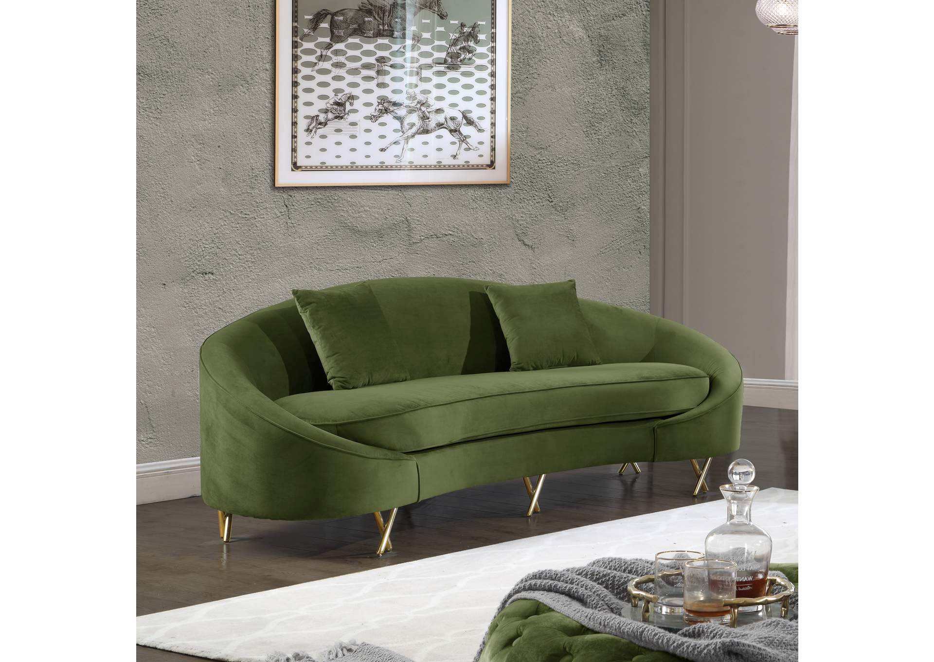 Serpentine Olive Velvet Sofa,Meridian Furniture