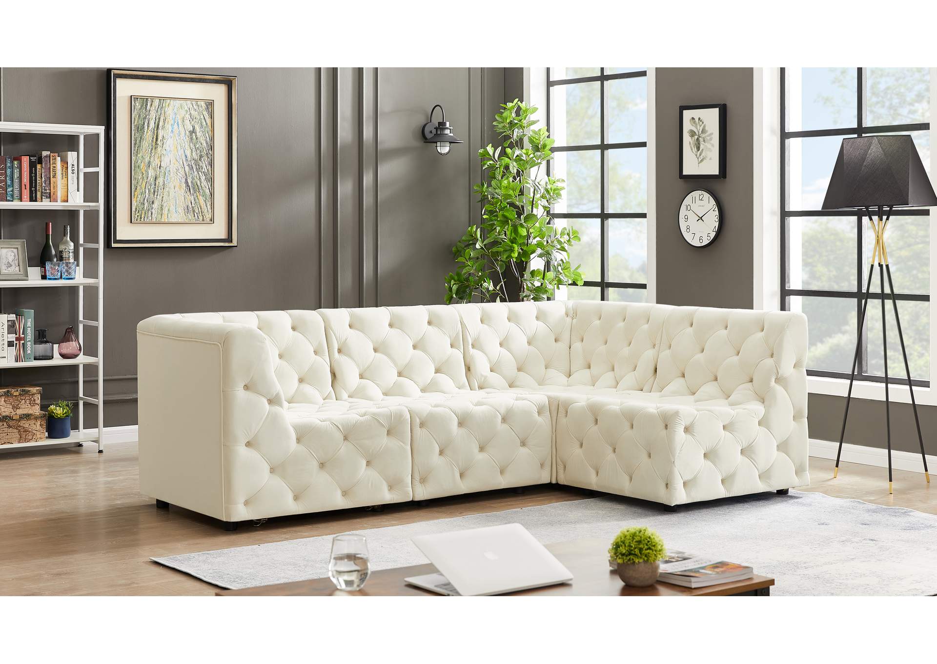 Tuft Cream Velvet Modular Sectional,Meridian Furniture