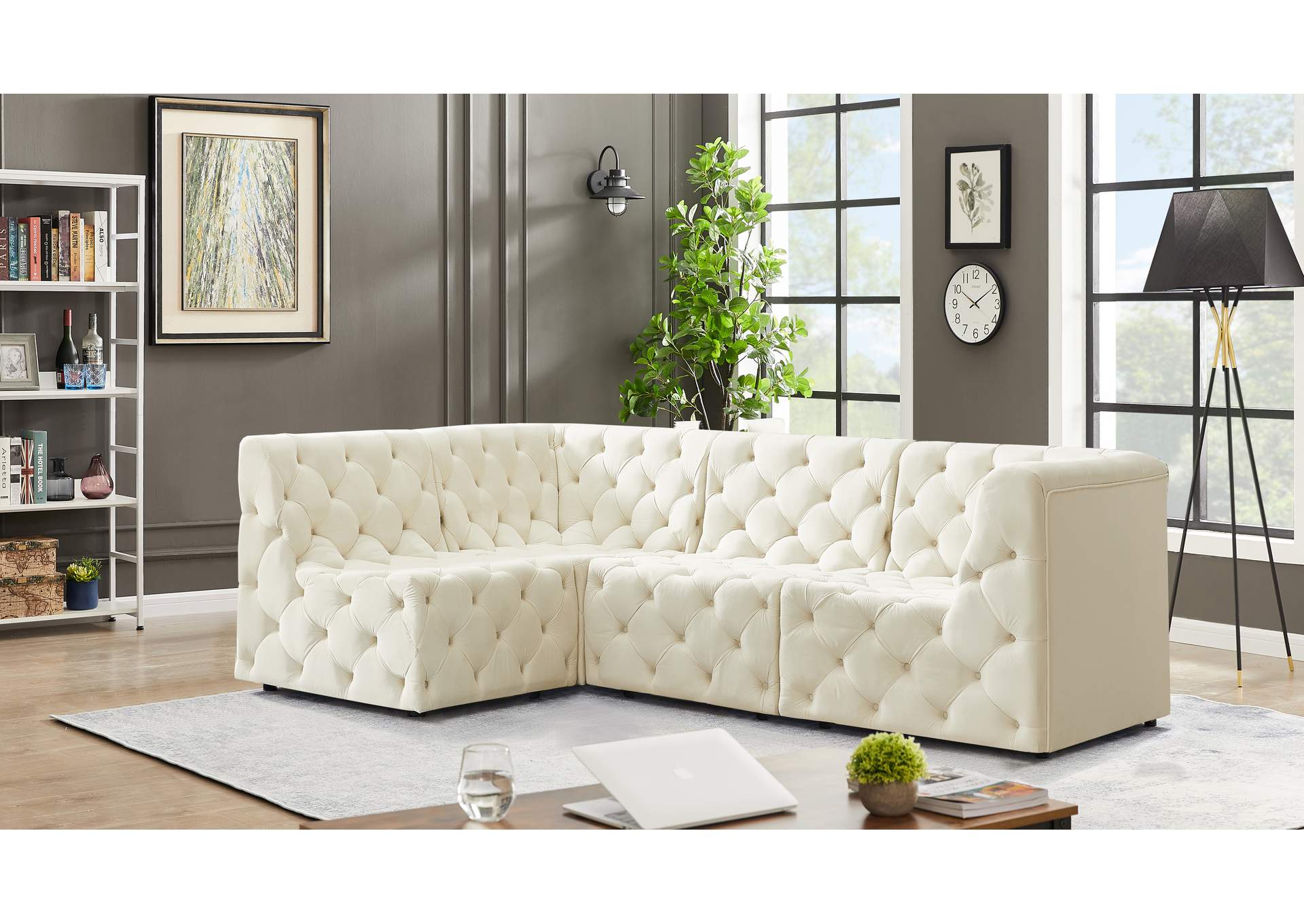 Tuft Cream Velvet Modular Sectional,Meridian Furniture