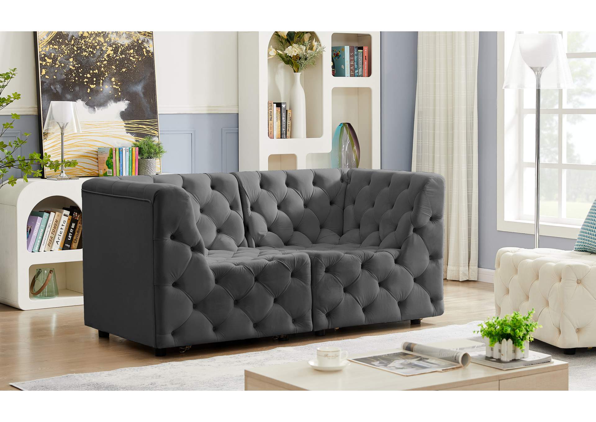 Tuft Grey Velvet Modular Sofa,Meridian Furniture