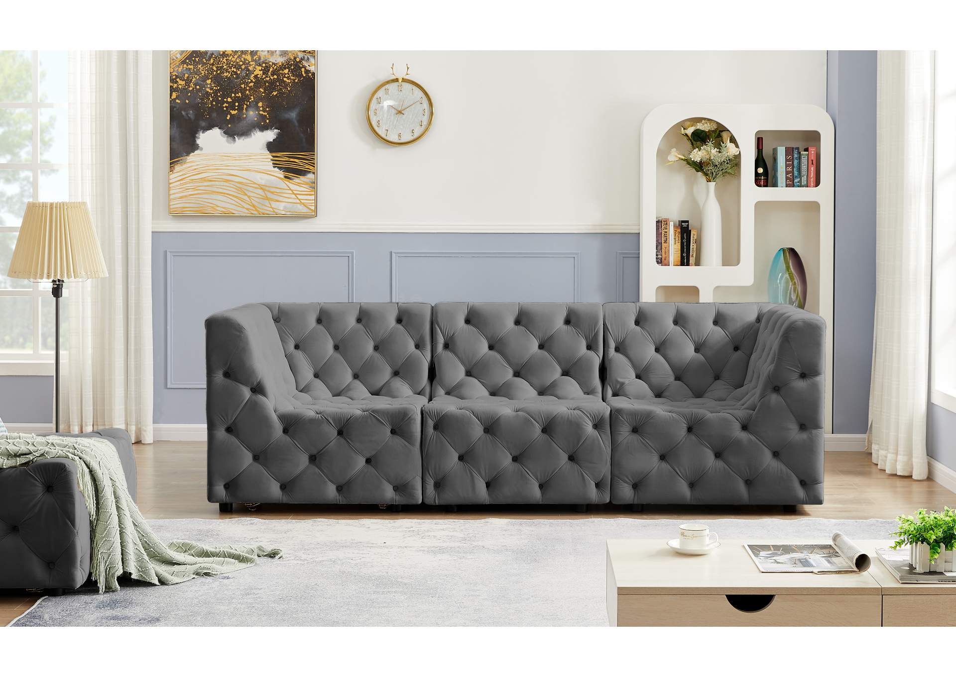 Tuft Grey Velvet Modular Sofa,Meridian Furniture