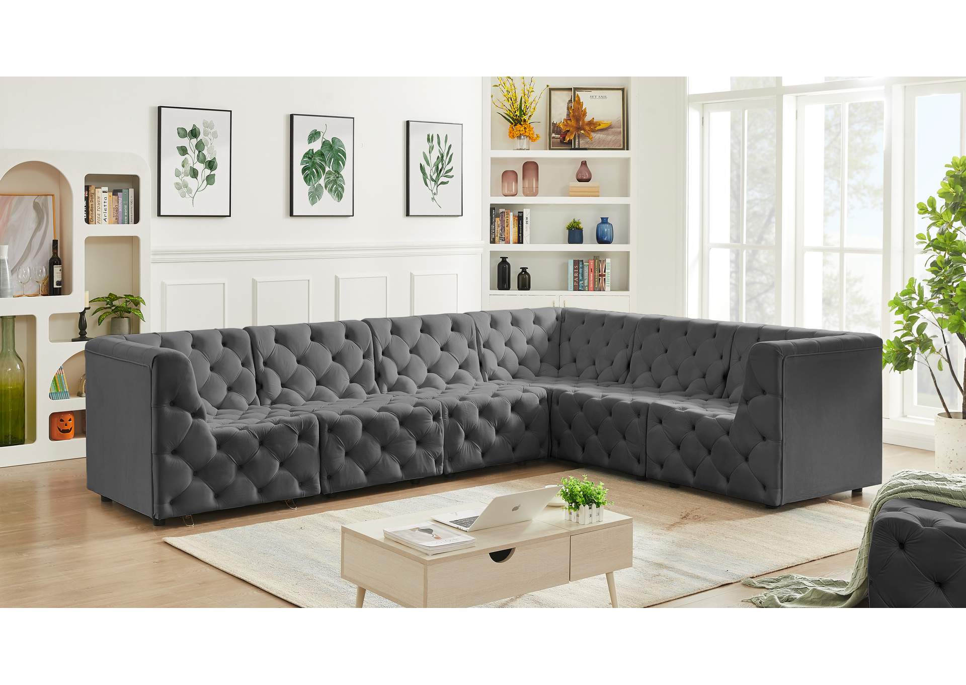 Tuft Grey Velvet Modular Sectional,Meridian Furniture