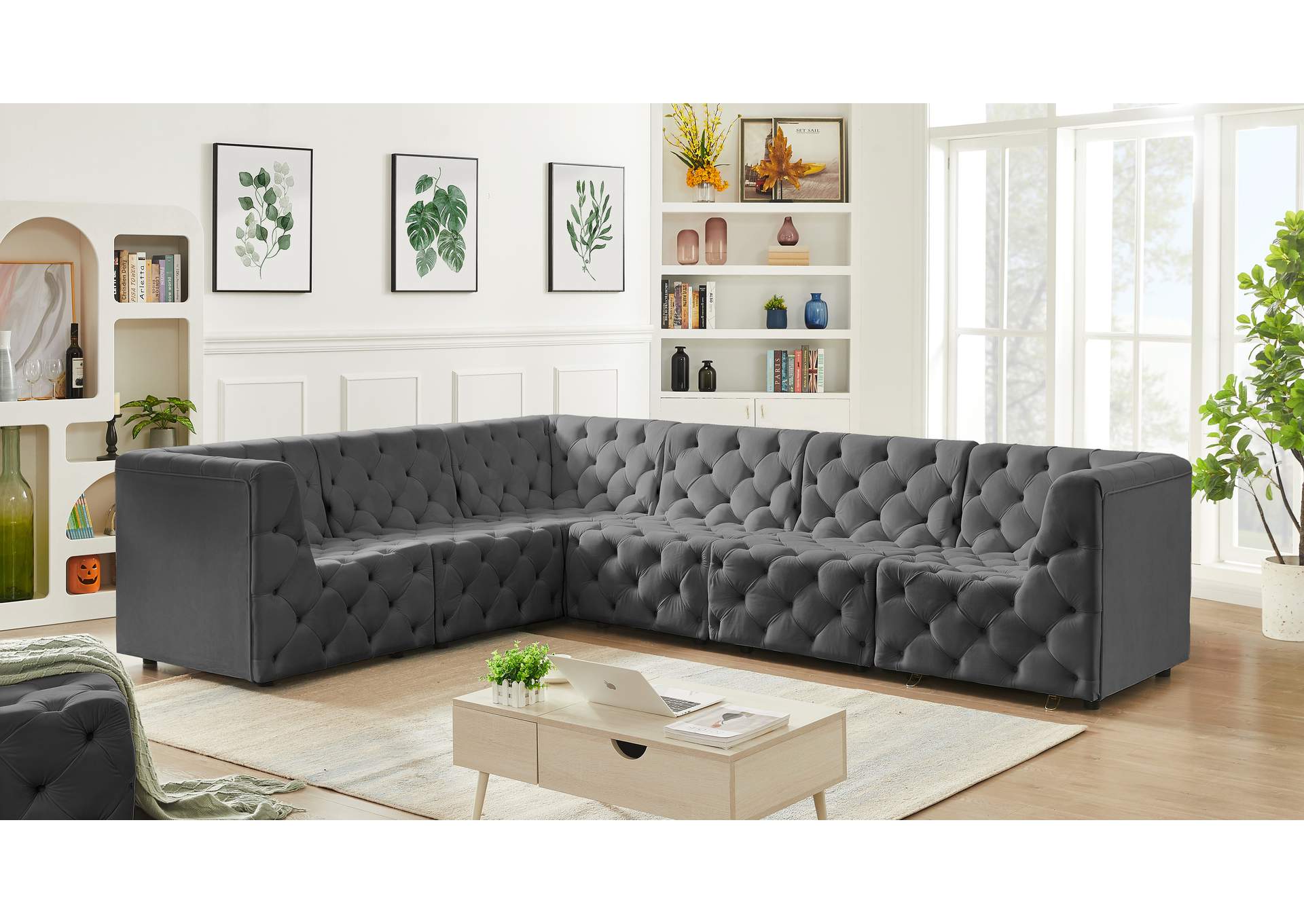 Tuft Grey Velvet Modular Sectional,Meridian Furniture